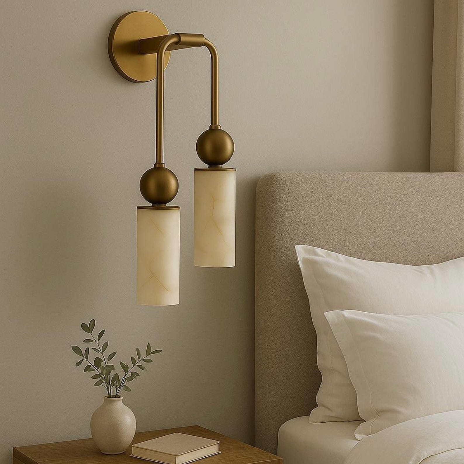 Aria Alabaster Wall Sconce-Home & Garden > Lighting > Wall Lights & Sconces-Laren Fete-1 head ∅ 2.4″ x W 2.8″ x H 14.2″-Brass & White-Laren Fete