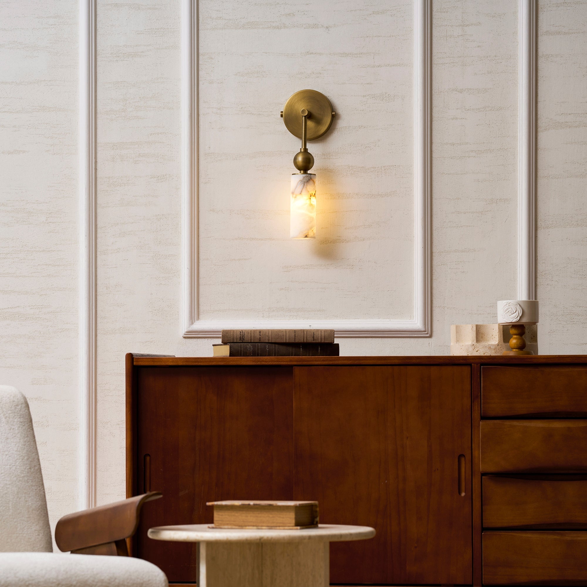 Aria Alabaster Wall Sconce-Home & Garden > Lighting > Wall Lights & Sconces-Laren Fete-1 head ∅ 2.4″ x W 2.8″ x H 14.2″-Brass & White-Laren Fete