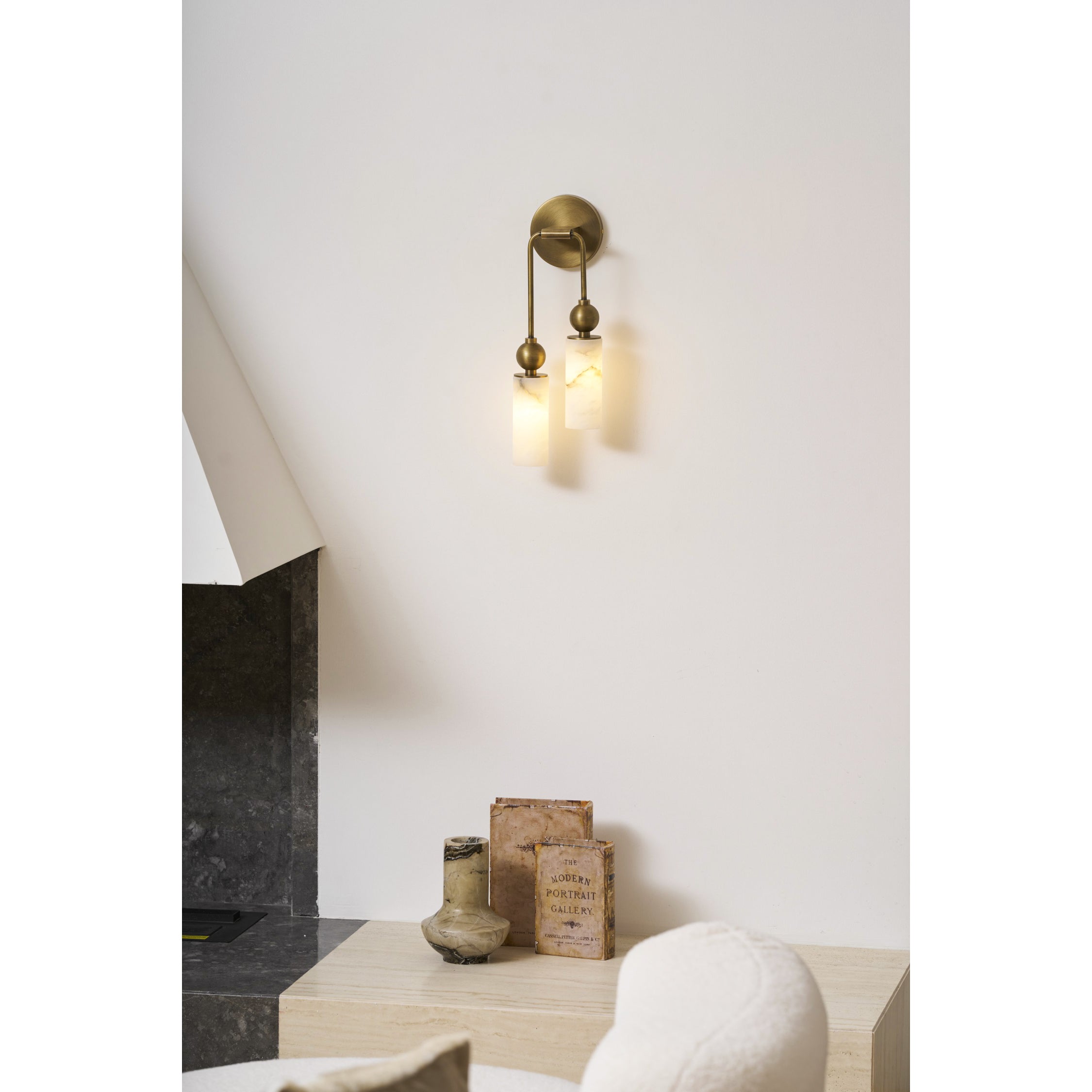 Aria Alabaster Wall Sconce-Home & Garden > Lighting > Wall Lights & Sconces-Laren Fete-1 head ∅ 2.4″ x W 2.8″ x H 14.2″-Brass & White-Laren Fete