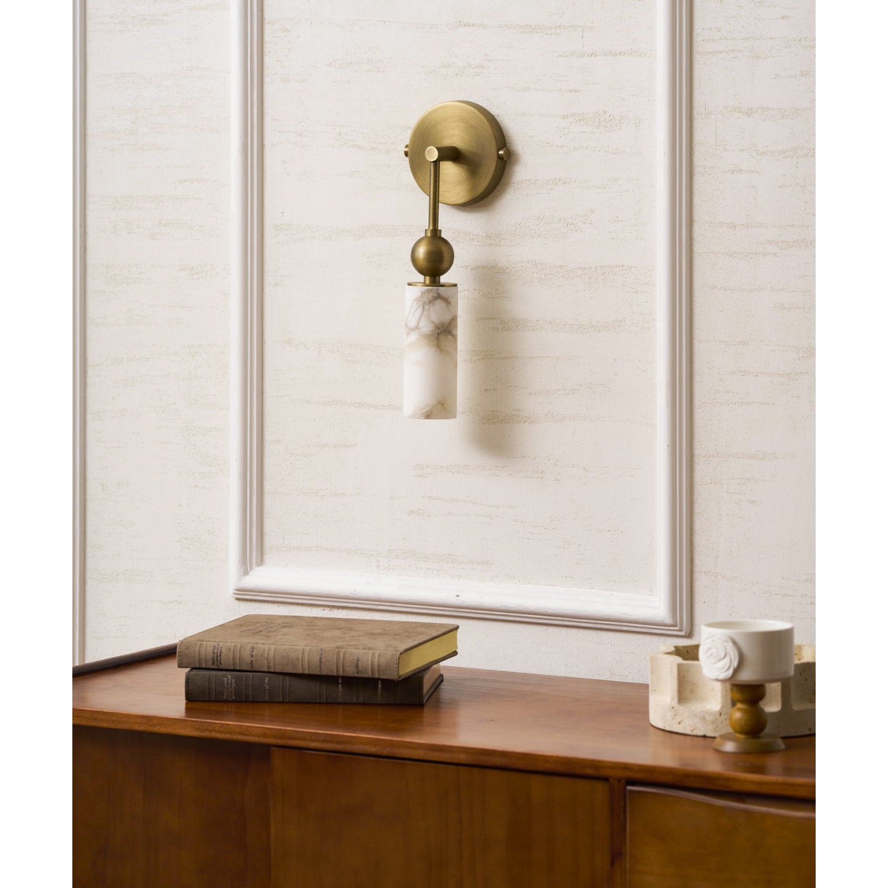 Aria Alabaster Wall Sconce-Home & Garden > Lighting > Wall Lights & Sconces-Laren Fete-1 head ∅ 2.4″ x W 2.8″ x H 14.2″-Brass & White-Laren Fete