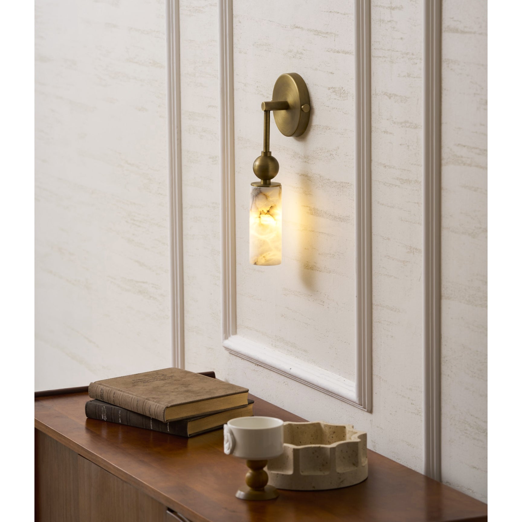Aria Alabaster Wall Sconce-Home & Garden > Lighting > Wall Lights & Sconces-Laren Fete-1 head ∅ 2.4″ x W 2.8″ x H 14.2″-Brass & White-Laren Fete
