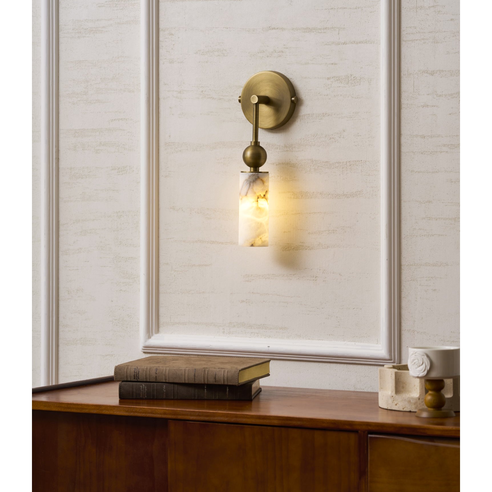 Aria Alabaster Wall Sconce-Home & Garden > Lighting > Wall Lights & Sconces-Laren Fete-1 head ∅ 2.4″ x W 2.8″ x H 14.2″-Brass & White-Laren Fete
