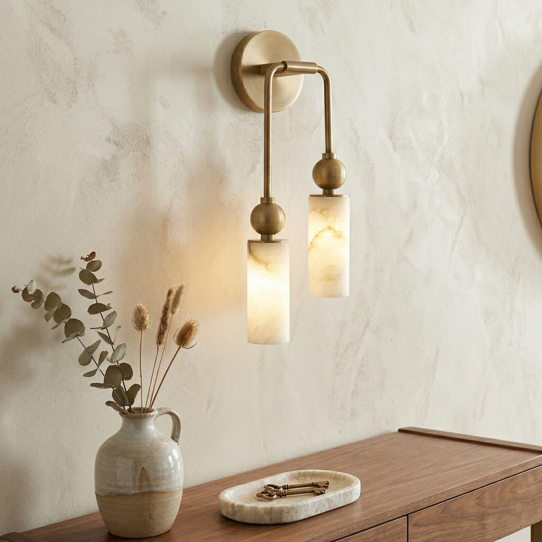 Aria Alabaster Wall Sconce-Home & Garden > Lighting > Wall Lights & Sconces-Laren Fete-1 head ∅ 2.4″ x W 2.8″ x H 14.2″-Brass & White-Laren Fete