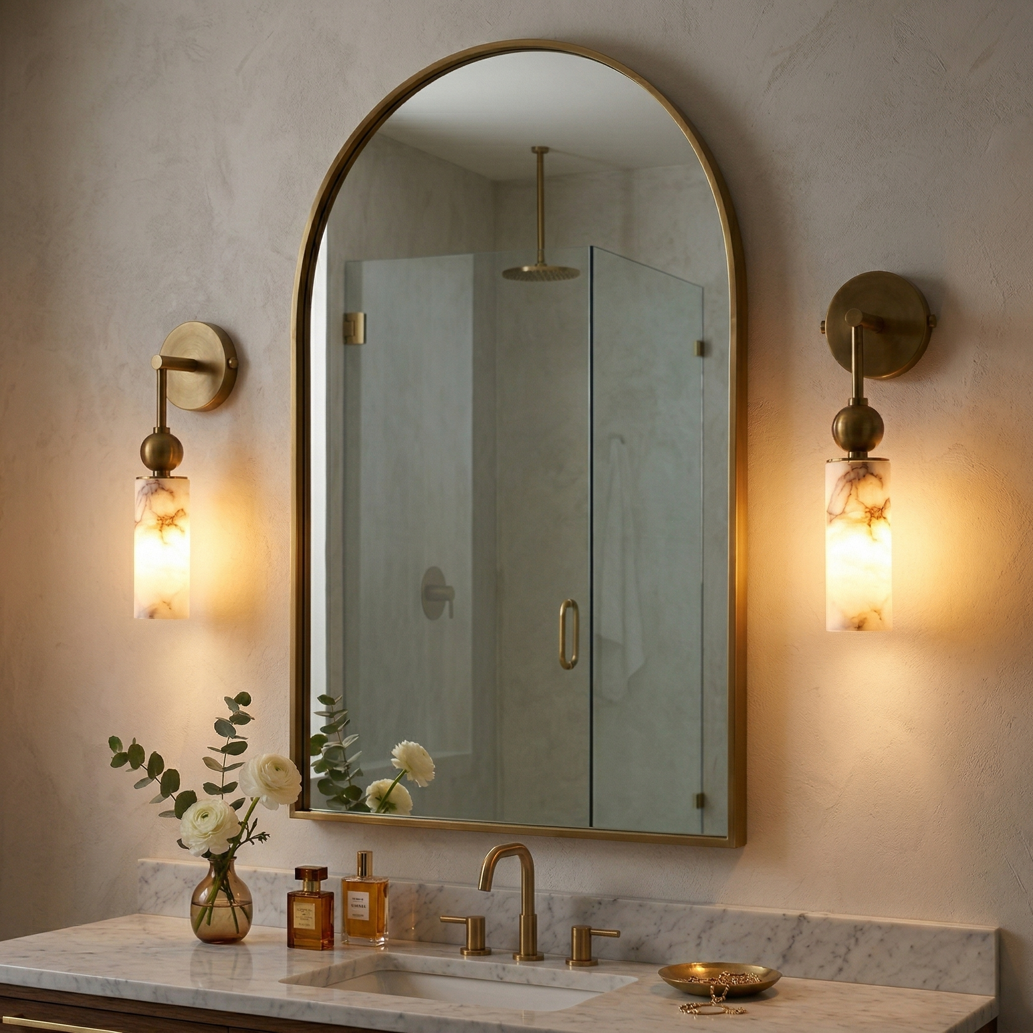 Aria Alabaster Wall Sconce-Home & Garden > Lighting > Wall Lights & Sconces-Laren Fete-1 head ∅ 2.4″ x W 2.8″ x H 14.2″-Brass & White-Laren Fete