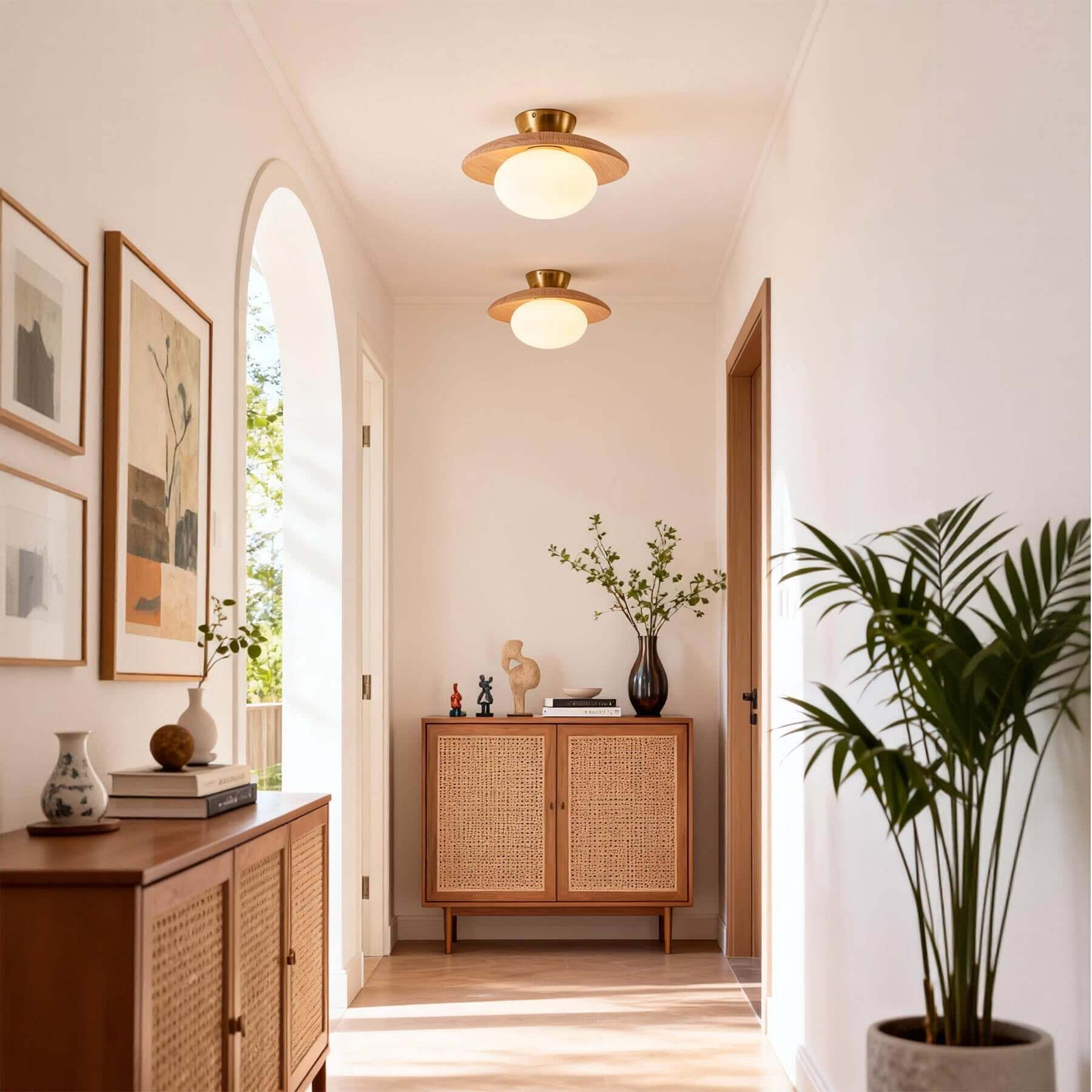Derava Rattan Flush Mount Ceiling Light-Home & Garden > Lighting > Ceiling Lights-Laren Fete-∅28cm × H15cm (∅11″ × H5.9″)-Brown & White-Laren Fete