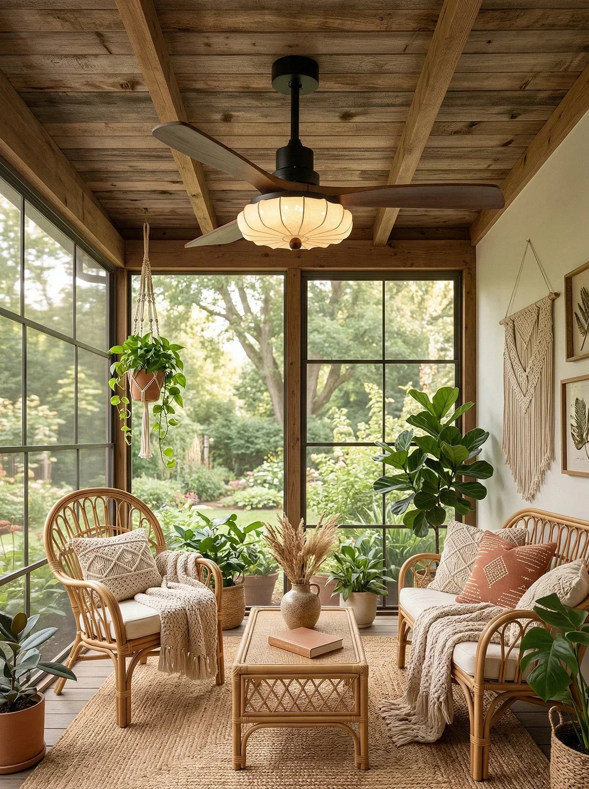 Elira Walnut Blade Ceiling Fan with Fabric Lantern Light-Home & Garden > Lighting > Ceiling Fans-Laren Fete-Model A ∅ 36″ x H 13.8″-Walnut Color + Black + White-Warm Light-Laren Fete