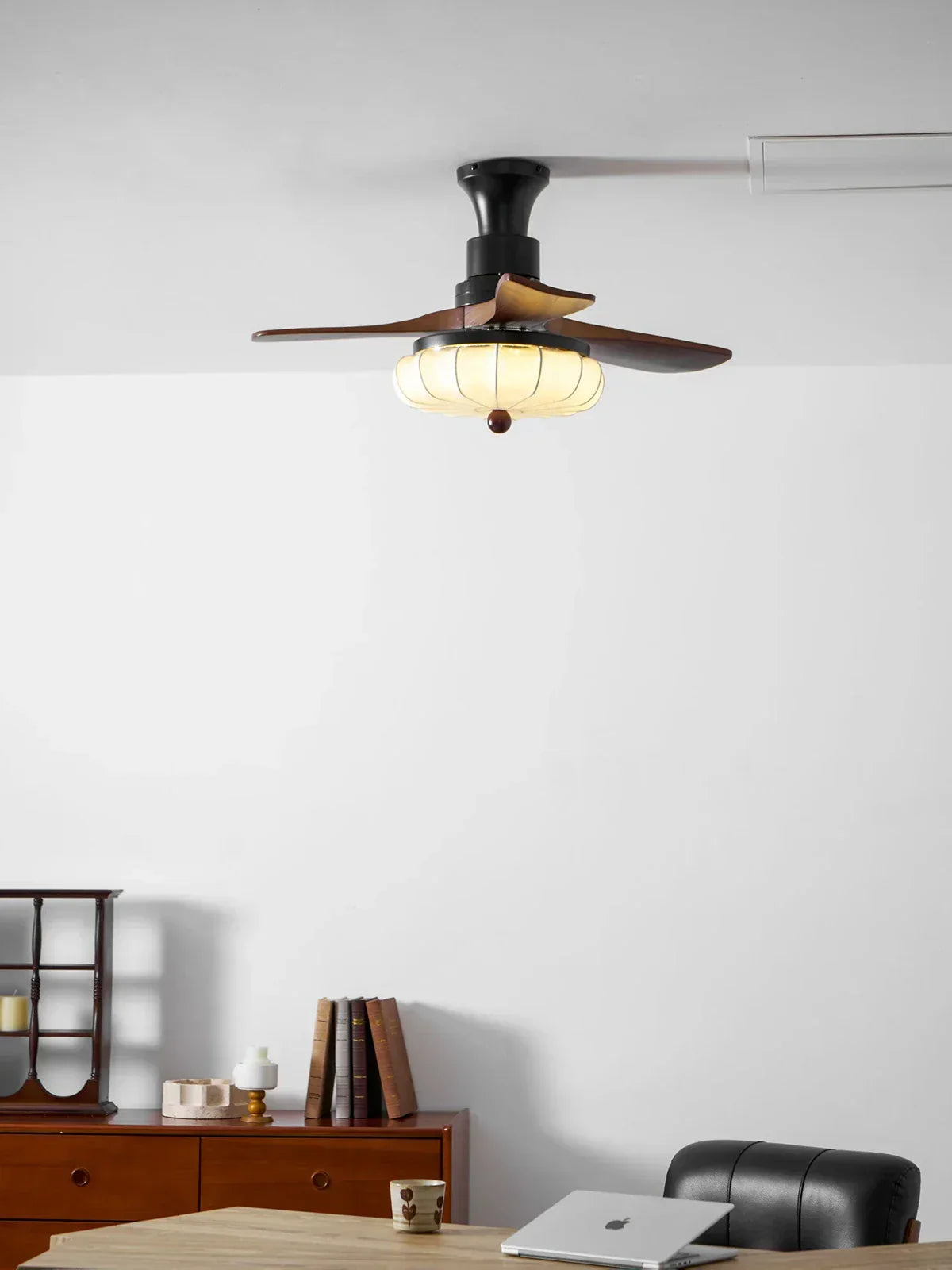 Elira Walnut Blade Ceiling Fan with Fabric Lantern Light-Home & Garden > Lighting > Ceiling Fans-Laren Fete-Model A ∅ 36″ x H 13.8″-Walnut Color + Black + White-Warm Light-Laren Fete