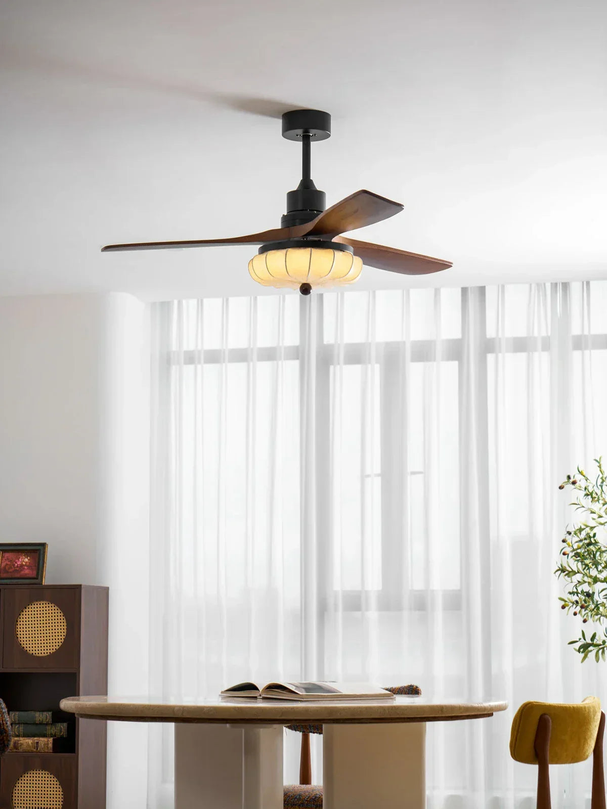 Elira Walnut Blade Ceiling Fan with Fabric Lantern Light-Home & Garden > Lighting > Ceiling Fans-Laren Fete-Model A ∅ 36″ x H 13.8″-Walnut Color + Black + White-Warm Light-Laren Fete