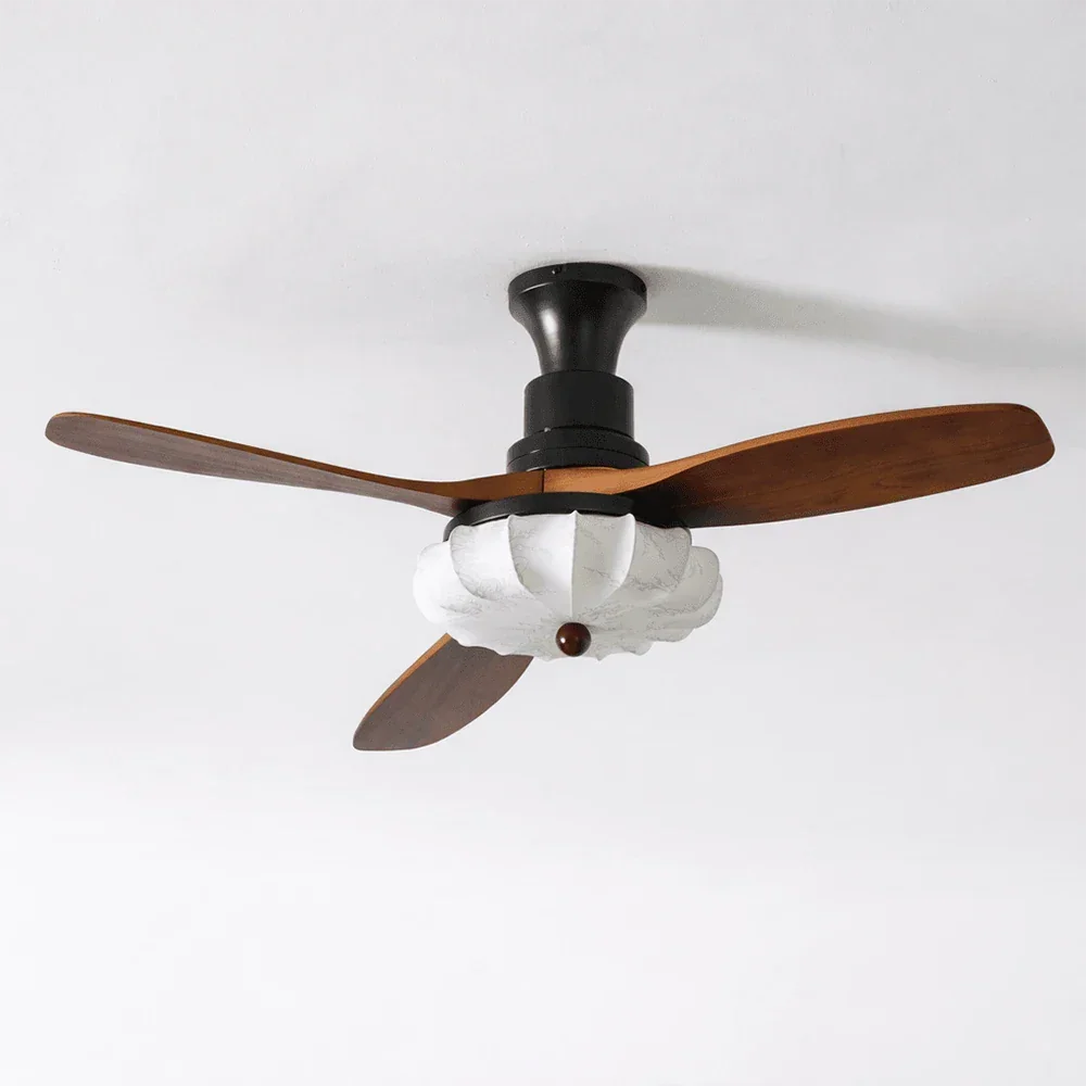 Elira Walnut Blade Ceiling Fan with Fabric Lantern Light-Home & Garden > Lighting > Ceiling Fans-Laren Fete-Model A ∅ 36″ x H 13.8″-Walnut Color + Black + White-Warm Light-Laren Fete