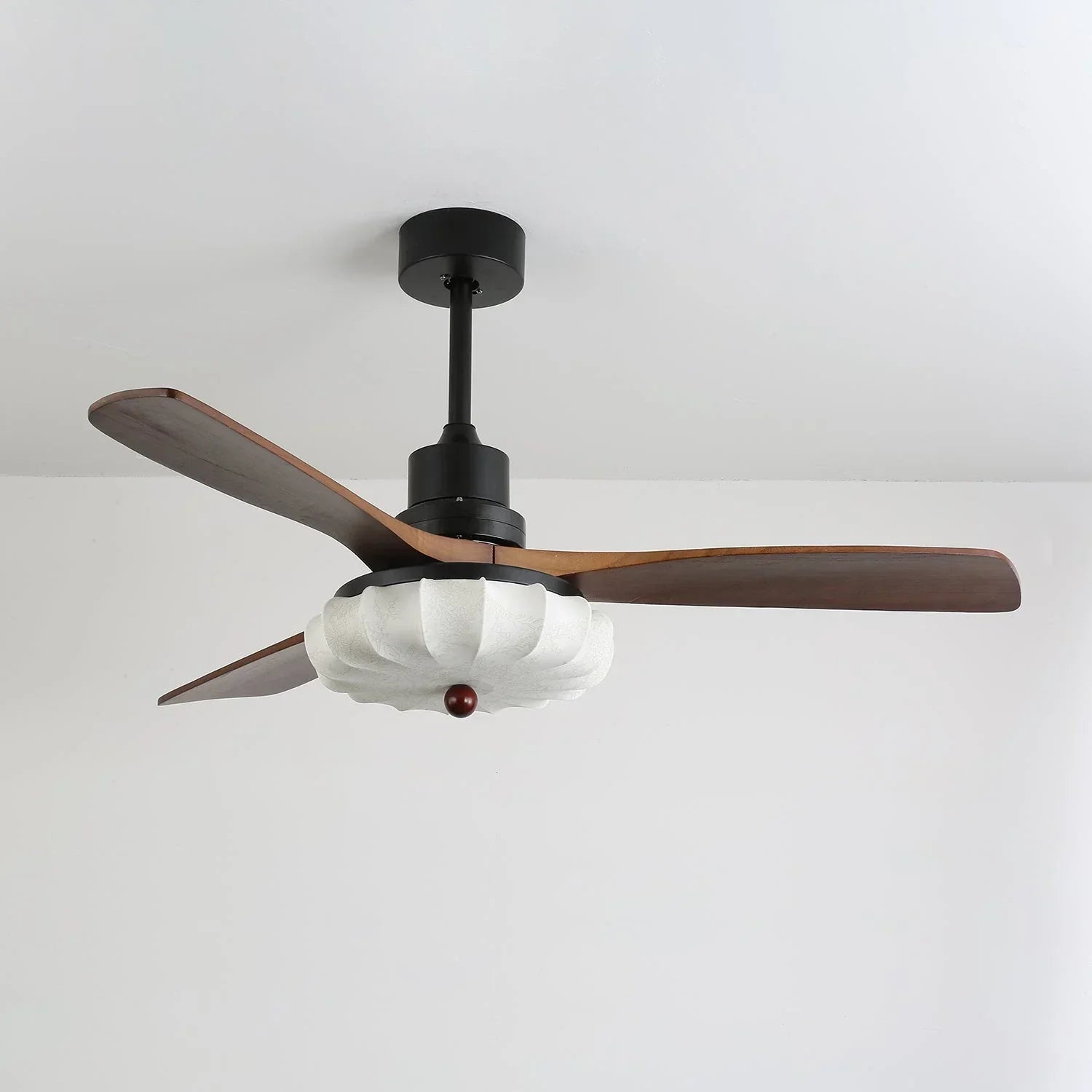 Elira Walnut Blade Ceiling Fan with Fabric Lantern Light-Home & Garden > Lighting > Ceiling Fans-Laren Fete-Model A ∅ 36″ x H 13.8″-Walnut Color + Black + White-Warm Light-Laren Fete