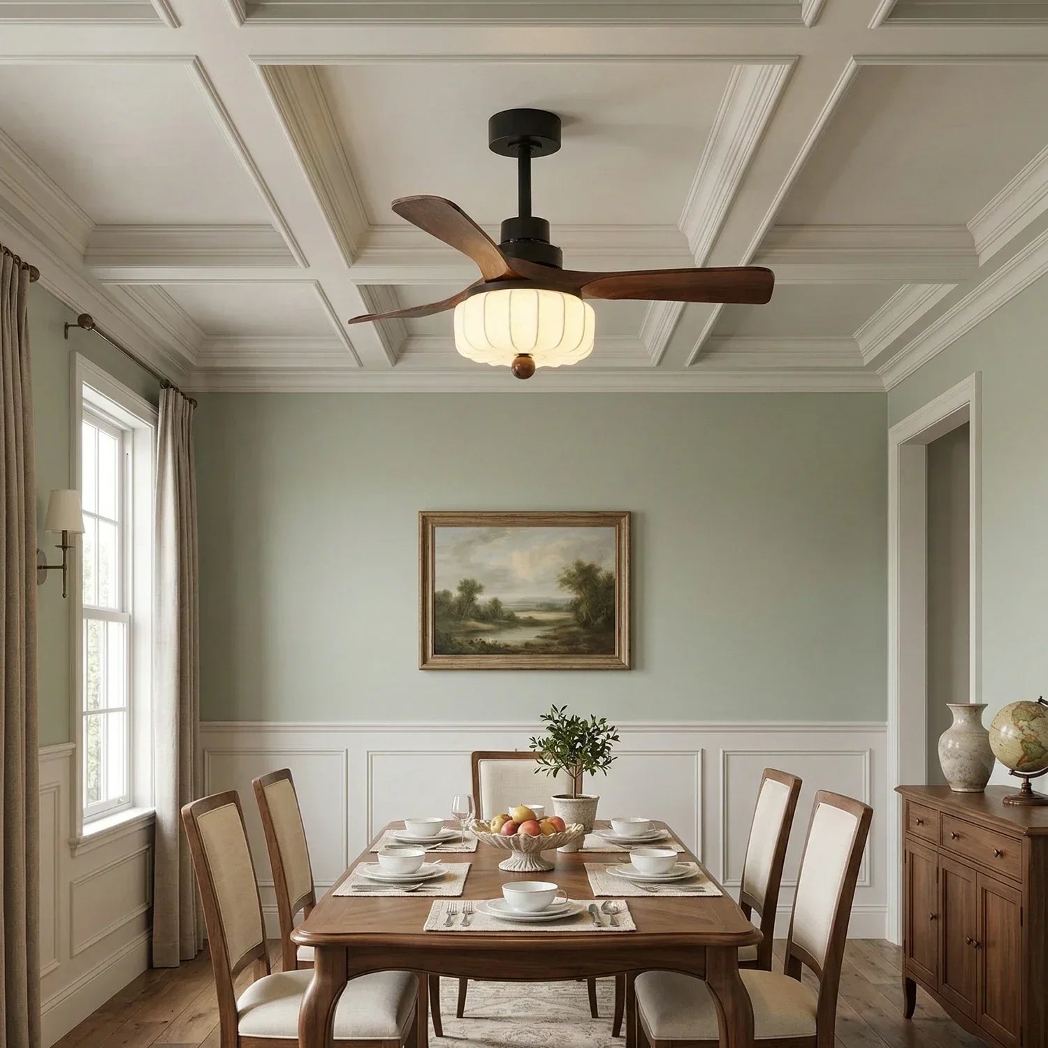 Elira Walnut Blade Ceiling Fan with Fabric Lantern Light-Home & Garden > Lighting > Ceiling Fans-Laren Fete-Model A ∅ 36″ x H 13.8″-Walnut Color + Black + White-Warm Light-Laren Fete