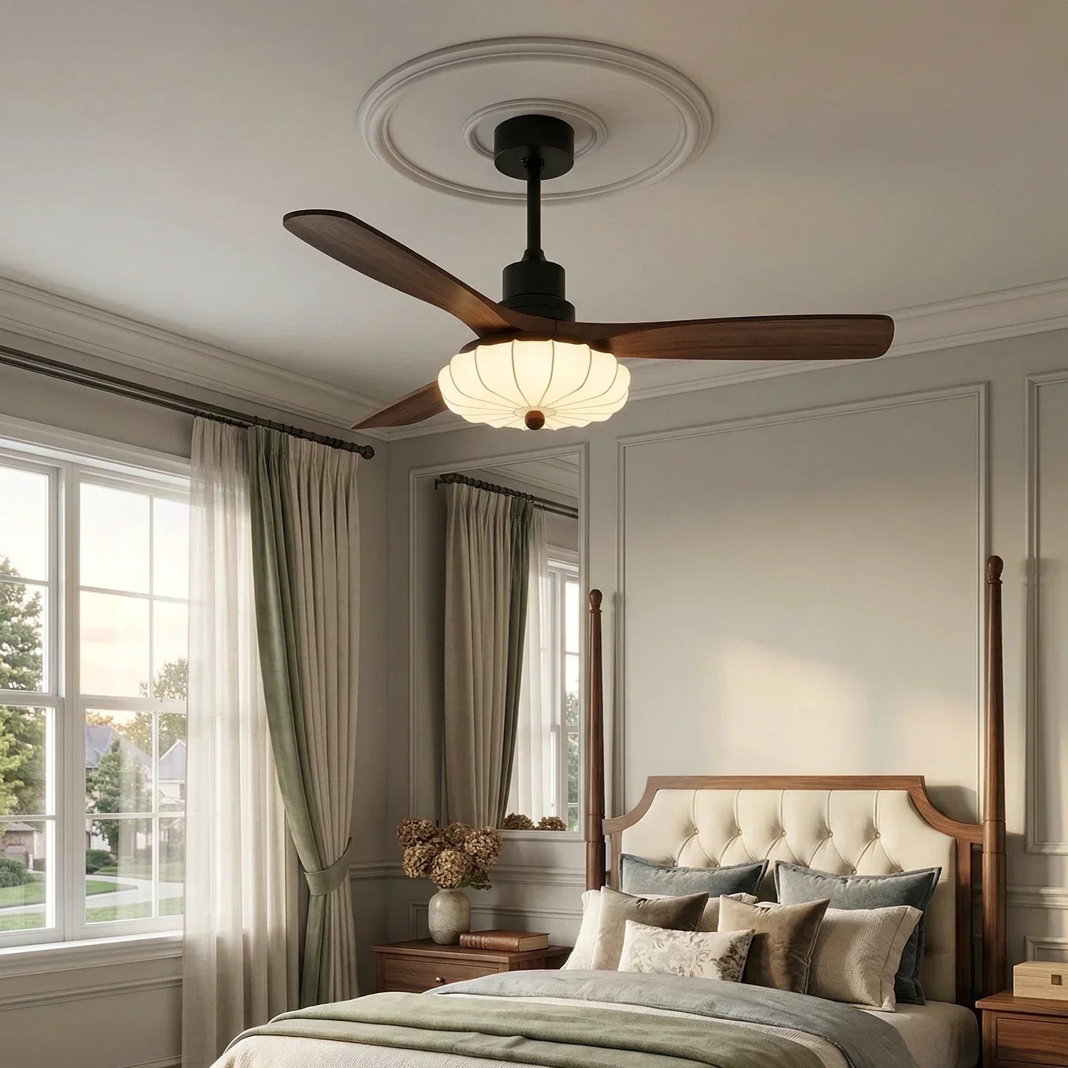 Elira Walnut Blade Ceiling Fan with Fabric Lantern Light-Home & Garden > Lighting > Ceiling Fans-Laren Fete-Model B ∅ 36″ x H 11.8″-Walnut Color + Black + White-Warm Light-Laren Fete