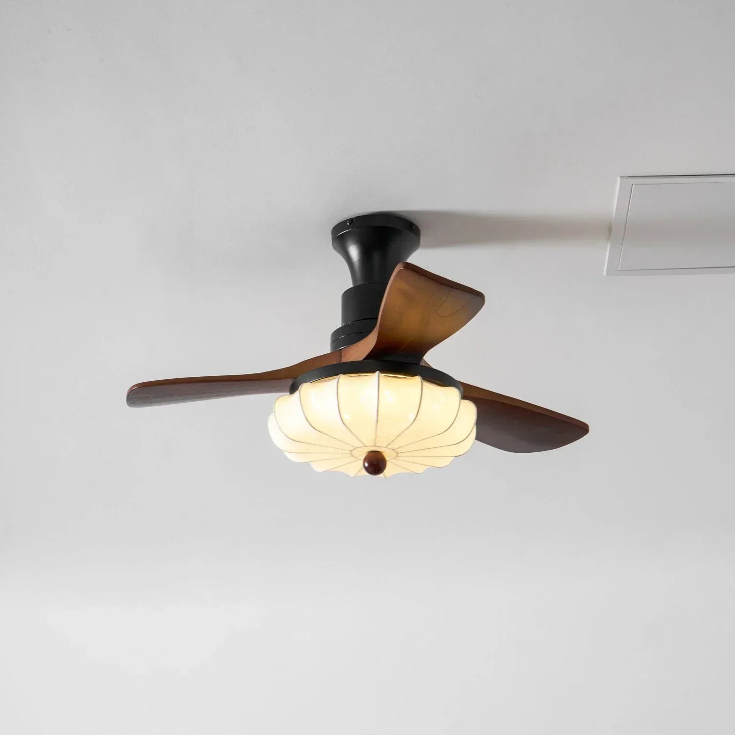 Elira Walnut Blade Ceiling Fan with Fabric Lantern Light-Home & Garden > Lighting > Ceiling Fans-Laren Fete-Model C ∅ 36″ x H 11.8″-Walnut Color + Black + White-Warm Light-Laren Fete