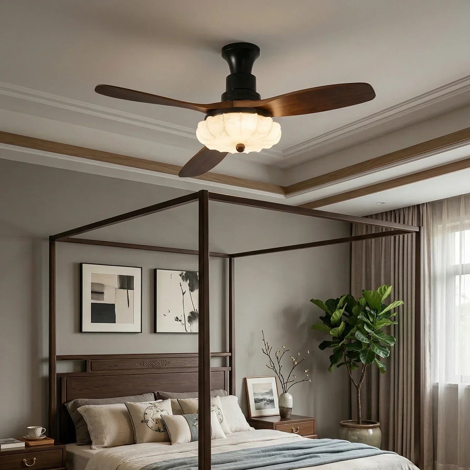 Elira Walnut Blade Ceiling Fan with Fabric Lantern Light-Home & Garden > Lighting > Ceiling Fans-Laren Fete-Model C ∅ 48″ x H 11.8″-Walnut Color + Black + White-Warm Light-Laren Fete
