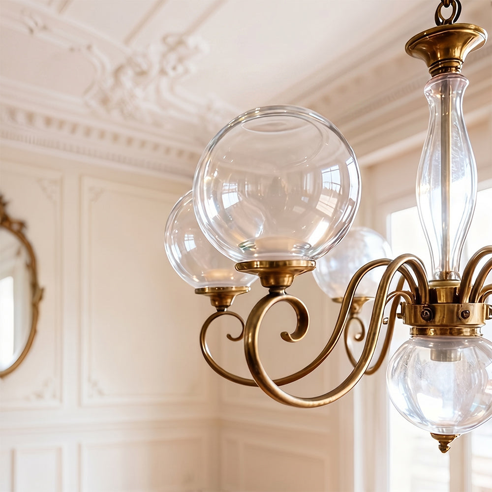 Evelyn Glass Globe Chandelier-Home & Garden > Lighting > Chandeliers-Laren Fete-3+1 heads D 55cm x H 40cm / ∅ 21.7" x H 15.7"-Antique Brass & Clear-Laren Fete