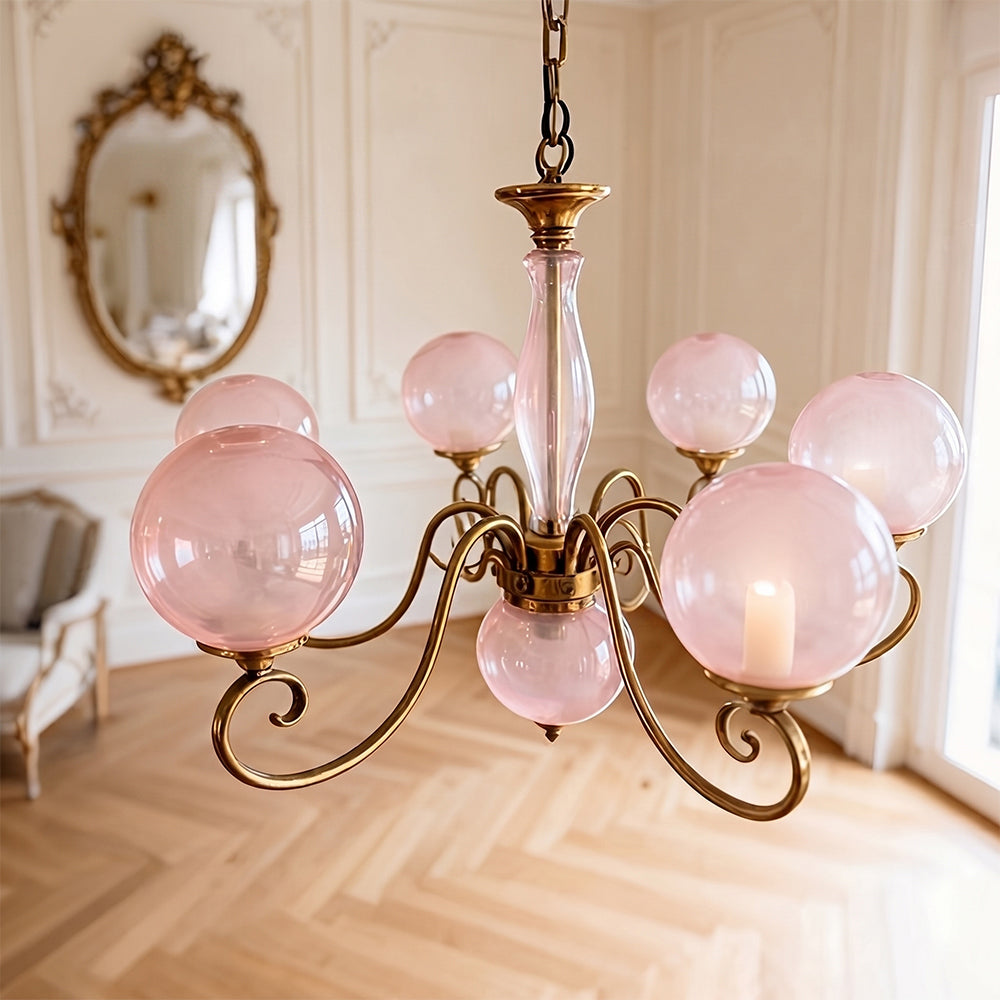 Evelyn Glass Globe Chandelier-Home & Garden > Lighting > Chandeliers-Laren Fete-3+1 heads D 55cm x H 40cm / ∅ 21.7" x H 15.7"-Antique Brass & Pink-Laren Fete