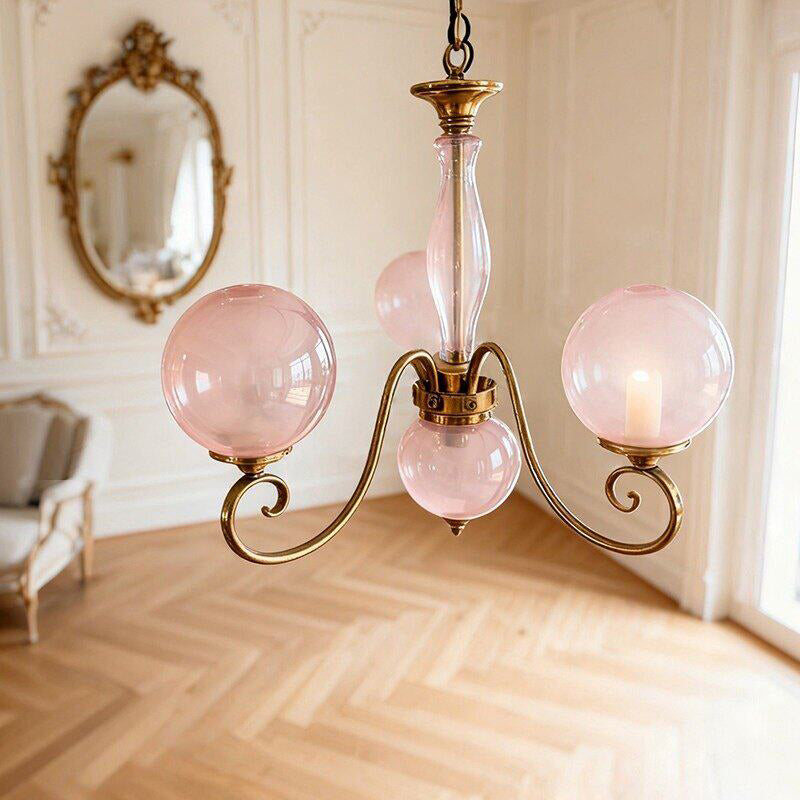 Evelyn Glass Globe Chandelier-Home & Garden > Lighting > Chandeliers-Laren Fete-3+1 heads D 55cm x H 40cm / ∅ 21.7" x H 15.7"-Antique Brass & Pink-Laren Fete