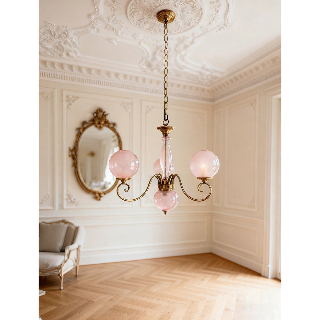 Evelyn Glass Globe Chandelier-Home & Garden > Lighting > Chandeliers-Laren Fete-3+1 heads D 55cm x H 40cm / ∅ 21.7" x H 15.7"-Antique Brass & Pink-Laren Fete