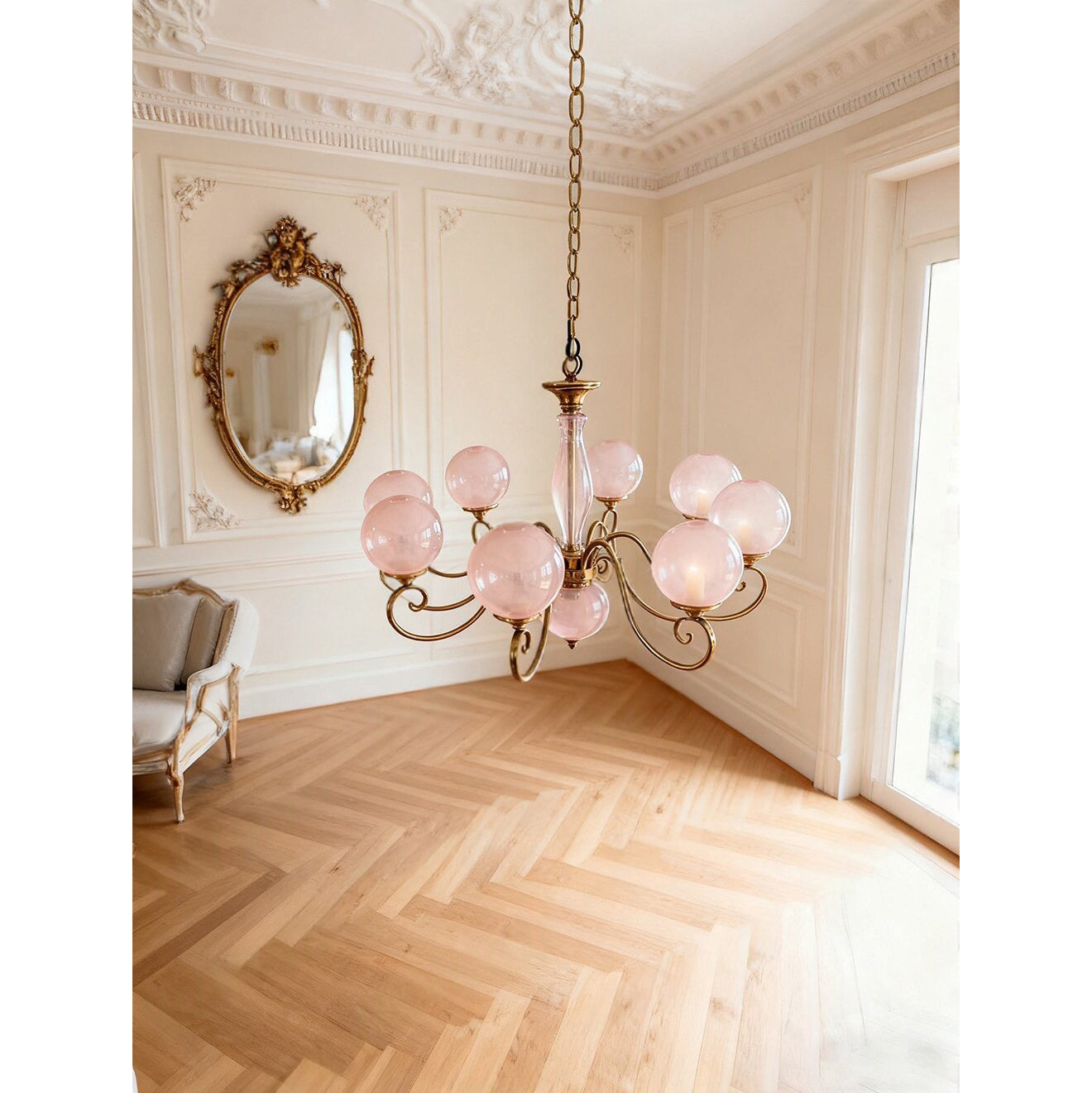 Evelyn Glass Globe Chandelier-Home & Garden > Lighting > Chandeliers-Laren Fete-3+1 heads D 55cm x H 40cm / ∅ 21.7" x H 15.7"-Antique Brass & Pink-Laren Fete