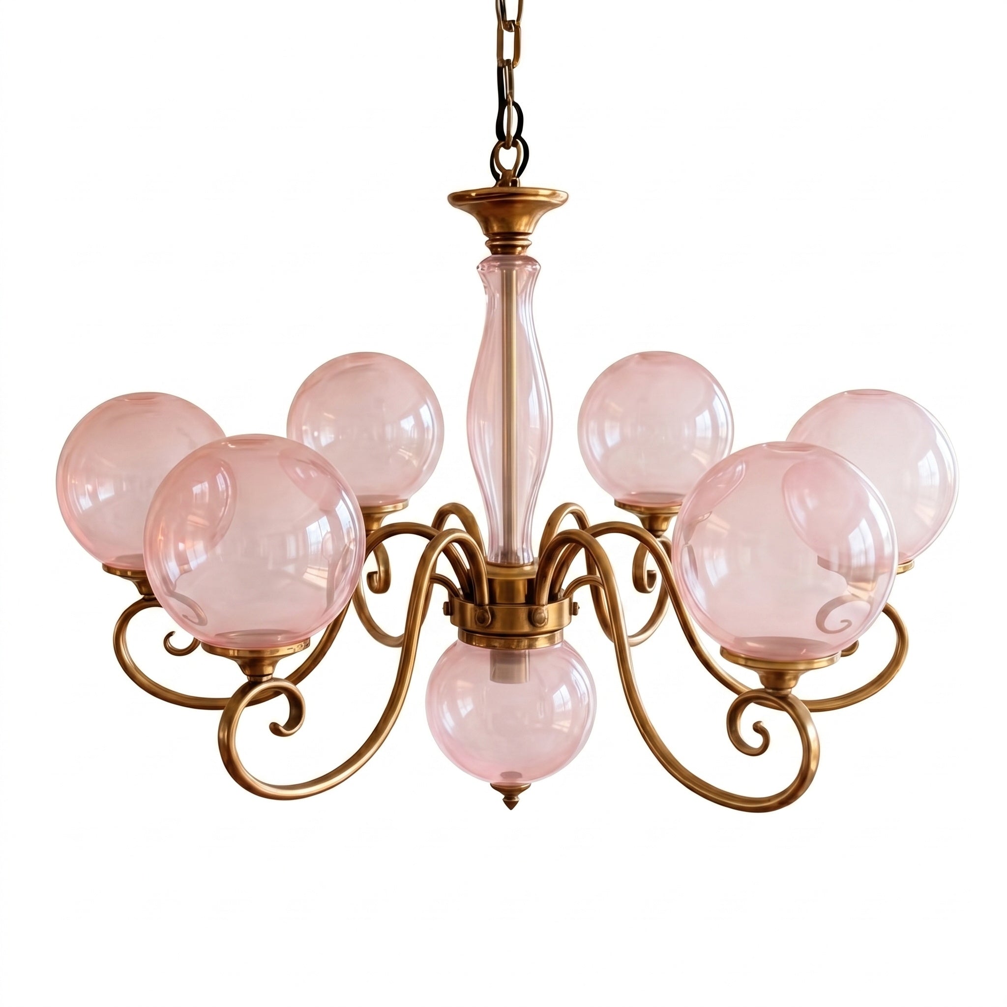 Evelyn Glass Globe Chandelier-Home & Garden > Lighting > Chandeliers-Laren Fete-3+1 heads D 55cm x H 40cm / ∅ 21.7" x H 15.7"-Antique Brass & Pink-Laren Fete