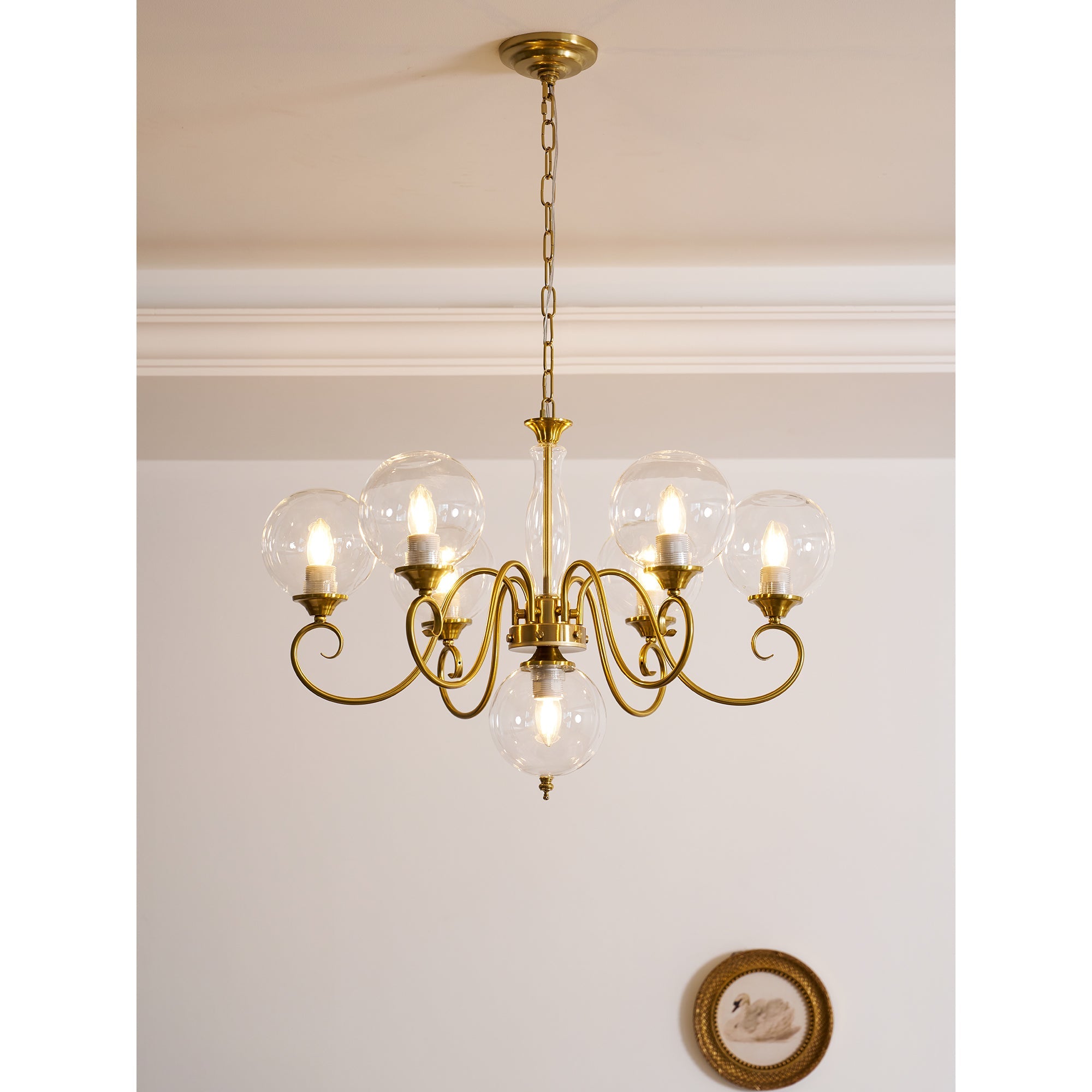 Evelyn Glass Globe Chandelier-Home & Garden > Lighting > Chandeliers-Laren Fete-3+1 heads D 55cm x H 40cm / ∅ 21.7" x H 15.7"-Antique Brass & Pink-Laren Fete