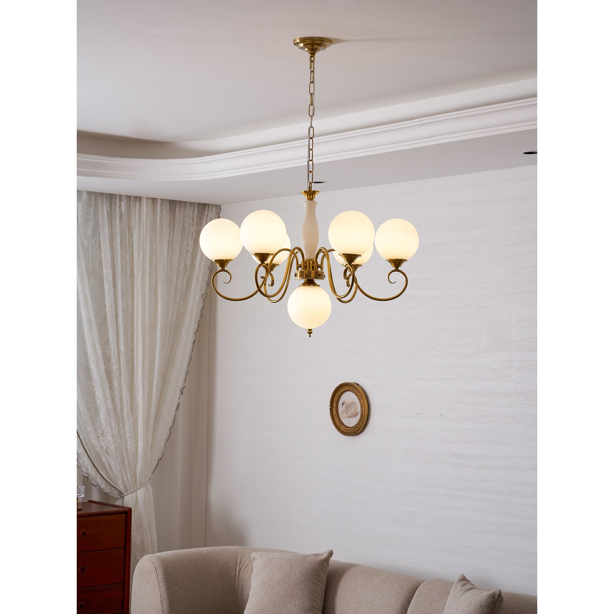Evelyn Glass Globe Chandelier-Home & Garden > Lighting > Chandeliers-Laren Fete-3+1 heads D 55cm x H 40cm / ∅ 21.7" x H 15.7"-Antique Brass & Pink-Laren Fete