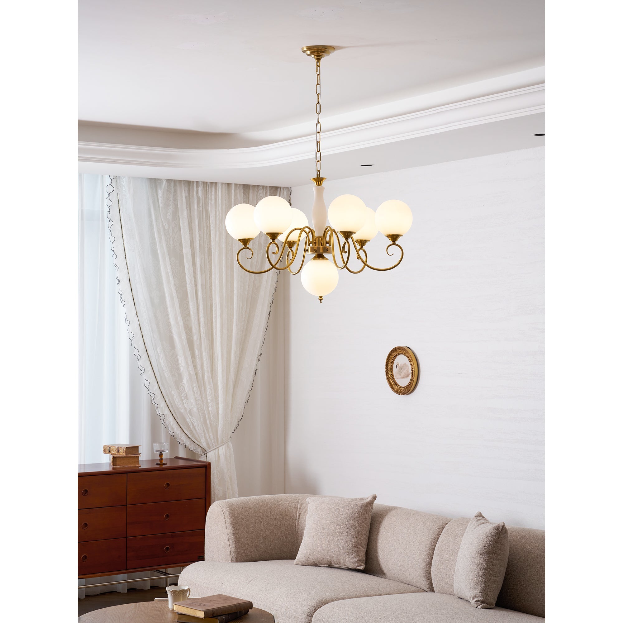 Evelyn Glass Globe Chandelier-Home & Garden > Lighting > Chandeliers-Laren Fete-3+1 heads D 55cm x H 40cm / ∅ 21.7" x H 15.7"-Antique Brass & Pink-Laren Fete