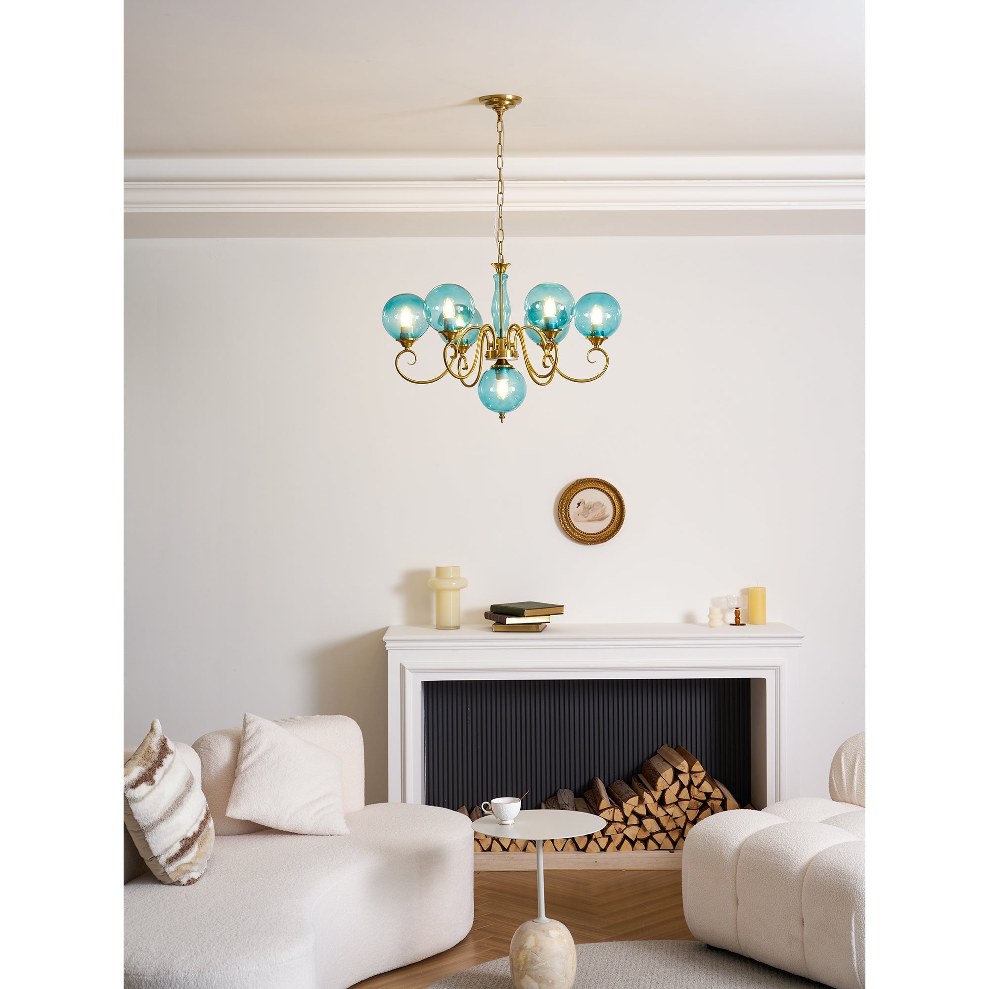 Evelyn Glass Globe Chandelier-Home & Garden > Lighting > Chandeliers-Laren Fete-3+1 heads D 55cm x H 40cm / ∅ 21.7" x H 15.7"-Antique Brass & Pink-Laren Fete