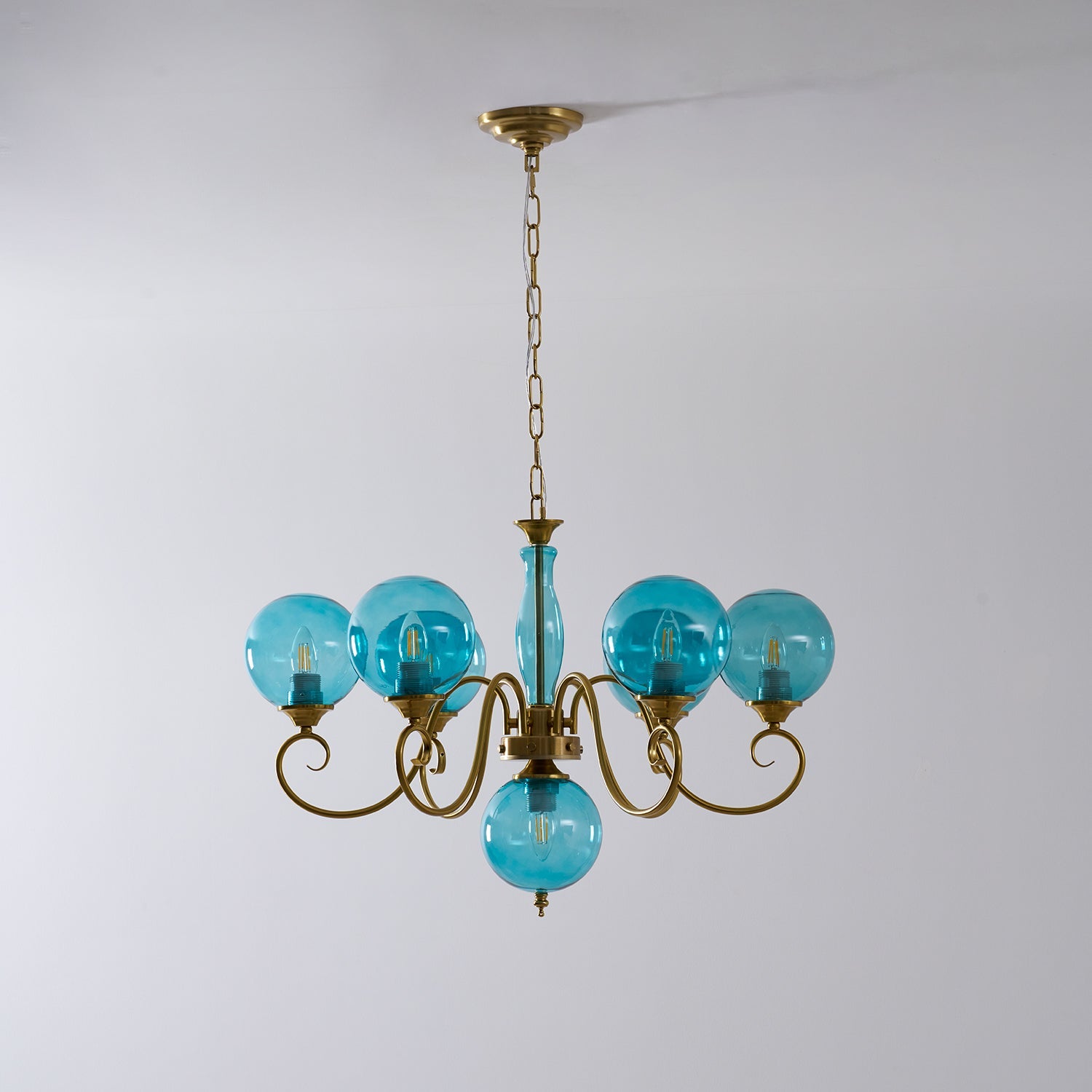 Evelyn Glass Globe Chandelier-Home & Garden > Lighting > Chandeliers-Laren Fete-3+1 heads D 55cm x H 40cm / ∅ 21.7" x H 15.7"-Antique Brass & Pink-Laren Fete