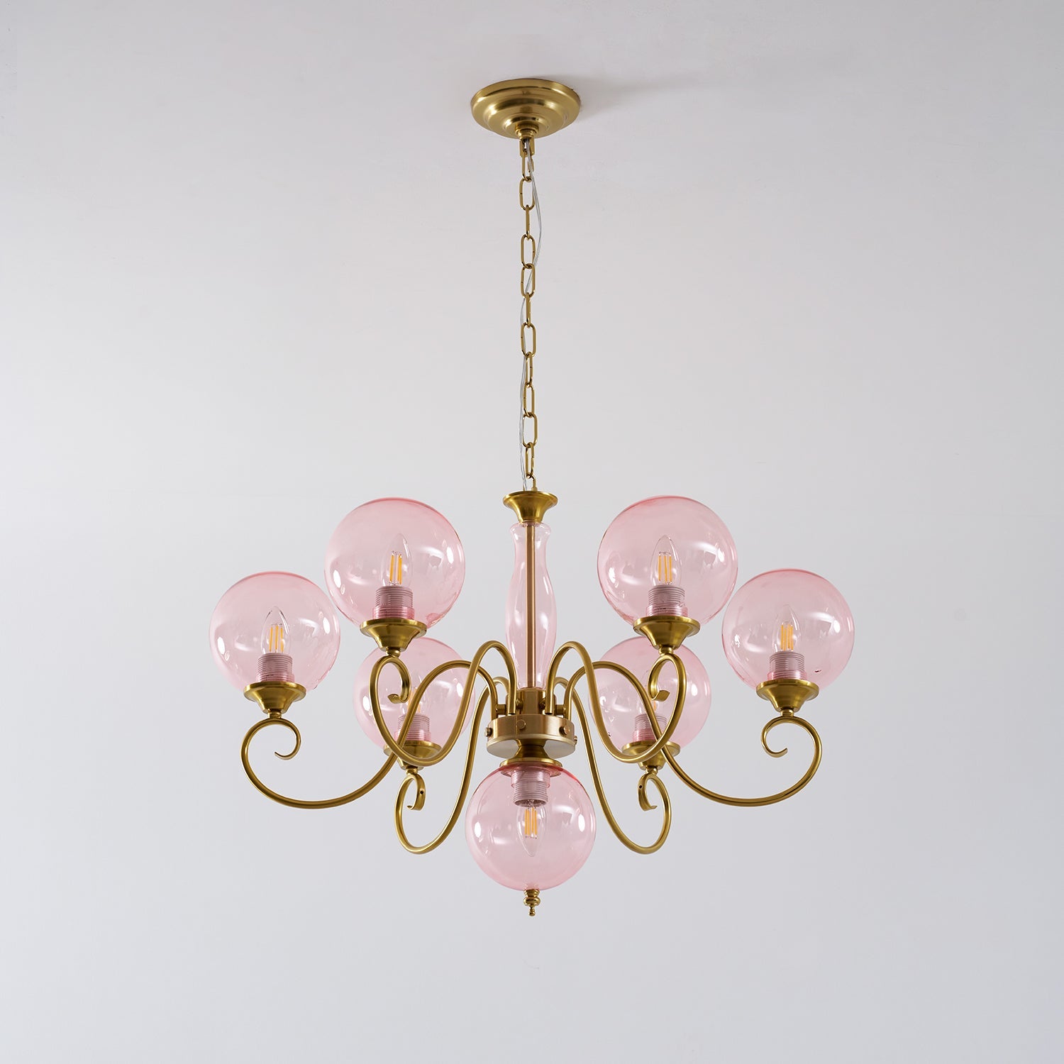 Evelyn Glass Globe Chandelier-Home & Garden > Lighting > Chandeliers-Laren Fete-3+1 heads D 55cm x H 40cm / ∅ 21.7" x H 15.7"-Antique Brass & Pink-Laren Fete