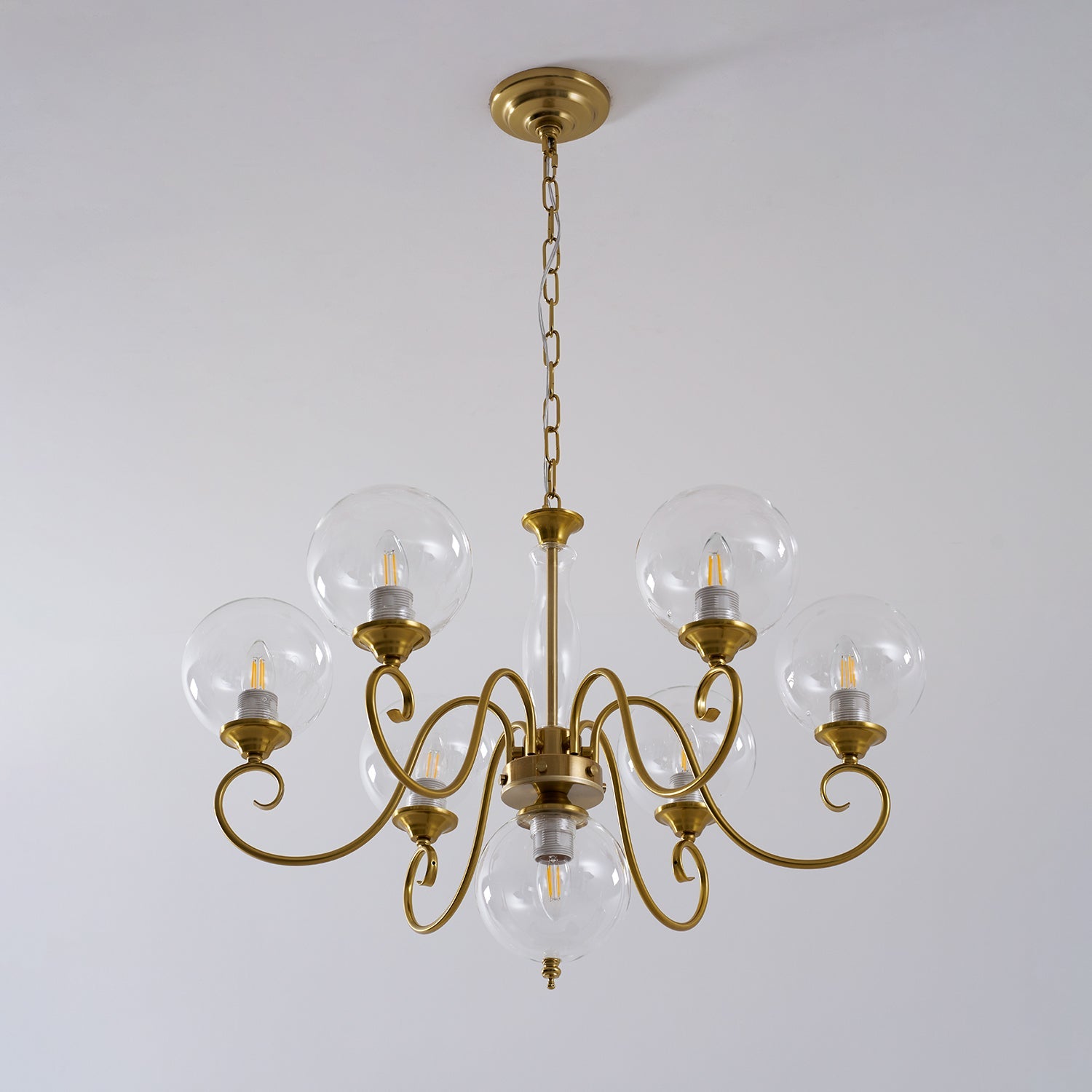 Evelyn Glass Globe Chandelier-Home & Garden > Lighting > Chandeliers-Laren Fete-3+1 heads D 55cm x H 40cm / ∅ 21.7" x H 15.7"-Antique Brass & Pink-Laren Fete