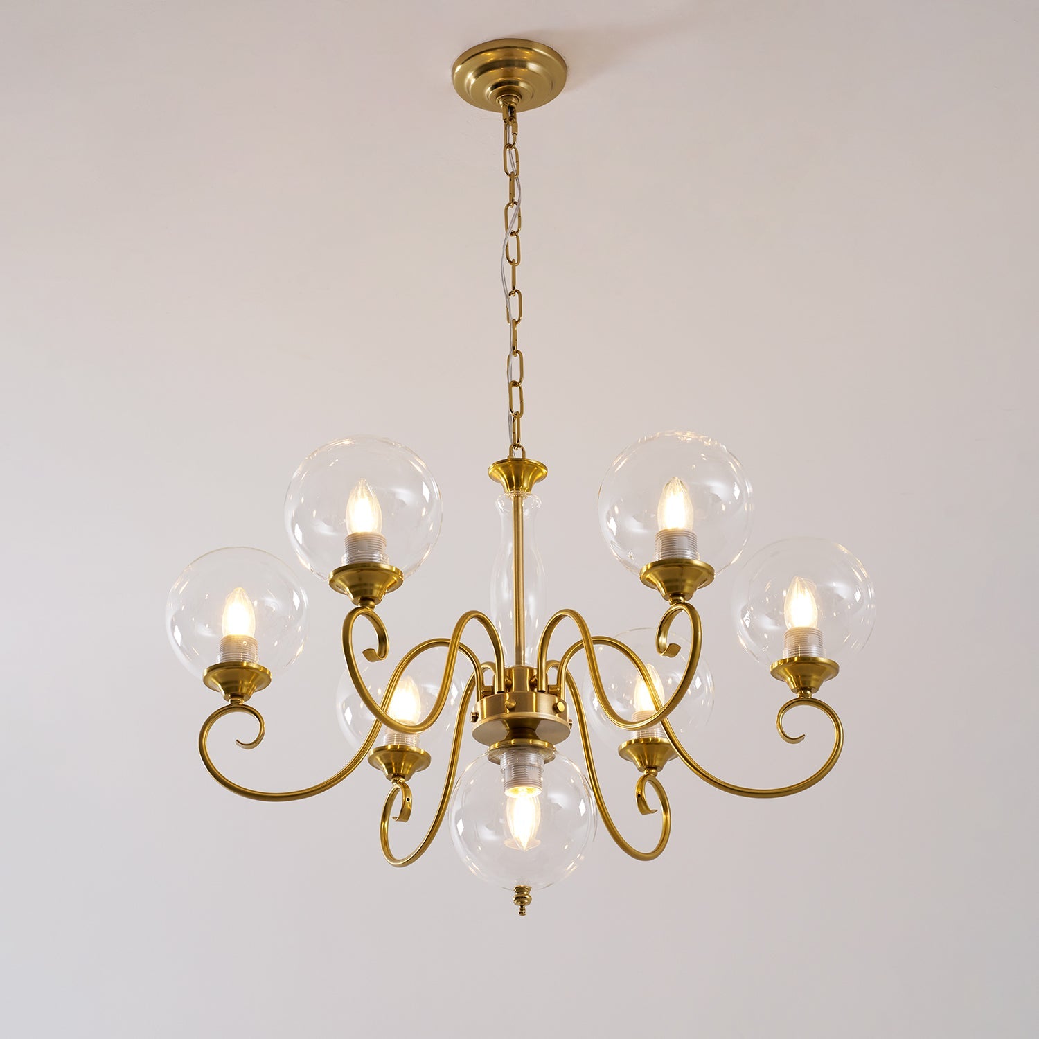 Evelyn Glass Globe Chandelier-Home & Garden > Lighting > Chandeliers-Laren Fete-3+1 heads D 55cm x H 40cm / ∅ 21.7" x H 15.7"-Antique Brass & Pink-Laren Fete