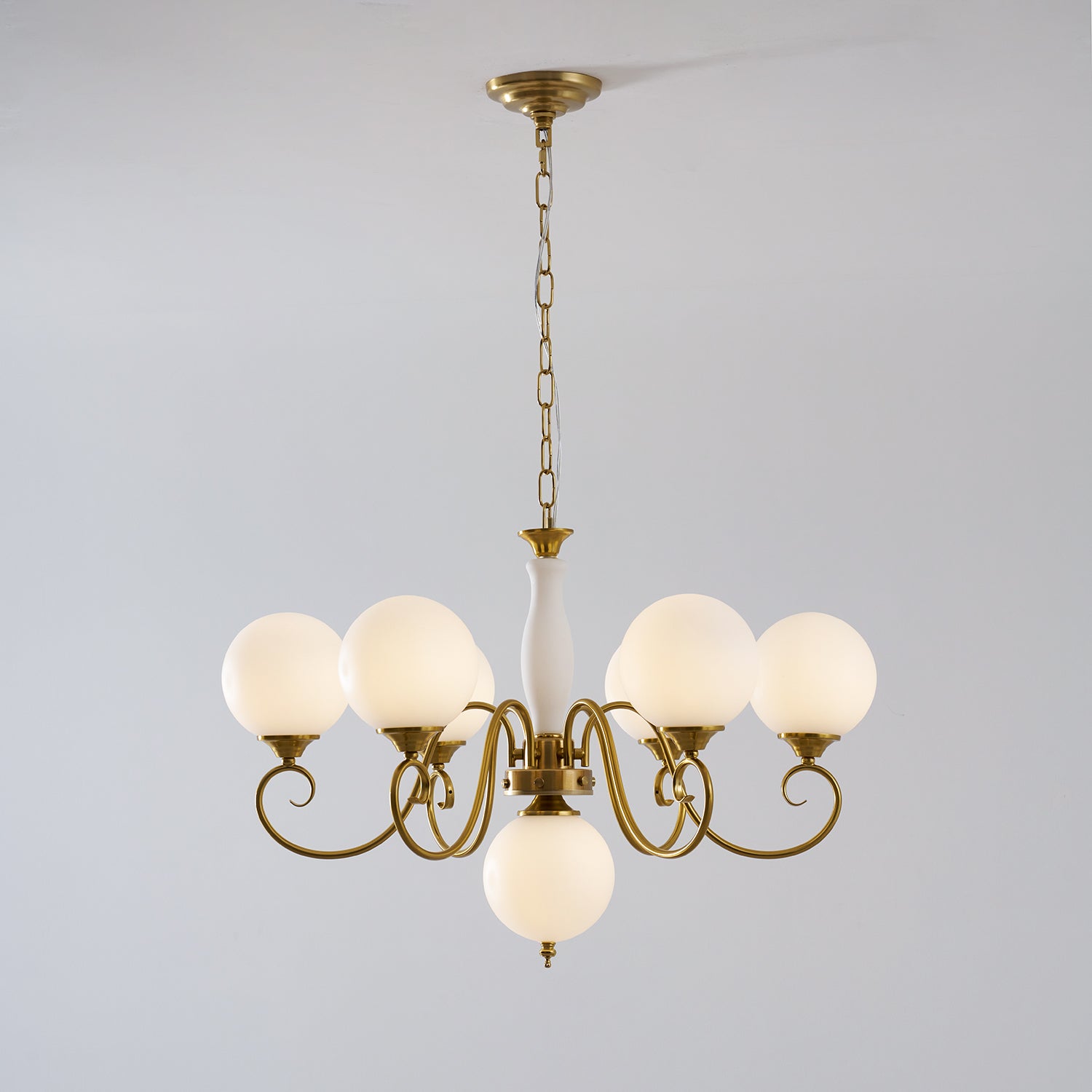 Evelyn Glass Globe Chandelier-Home & Garden > Lighting > Chandeliers-Laren Fete-3+1 heads D 55cm x H 40cm / ∅ 21.7" x H 15.7"-Antique Brass & Pink-Laren Fete