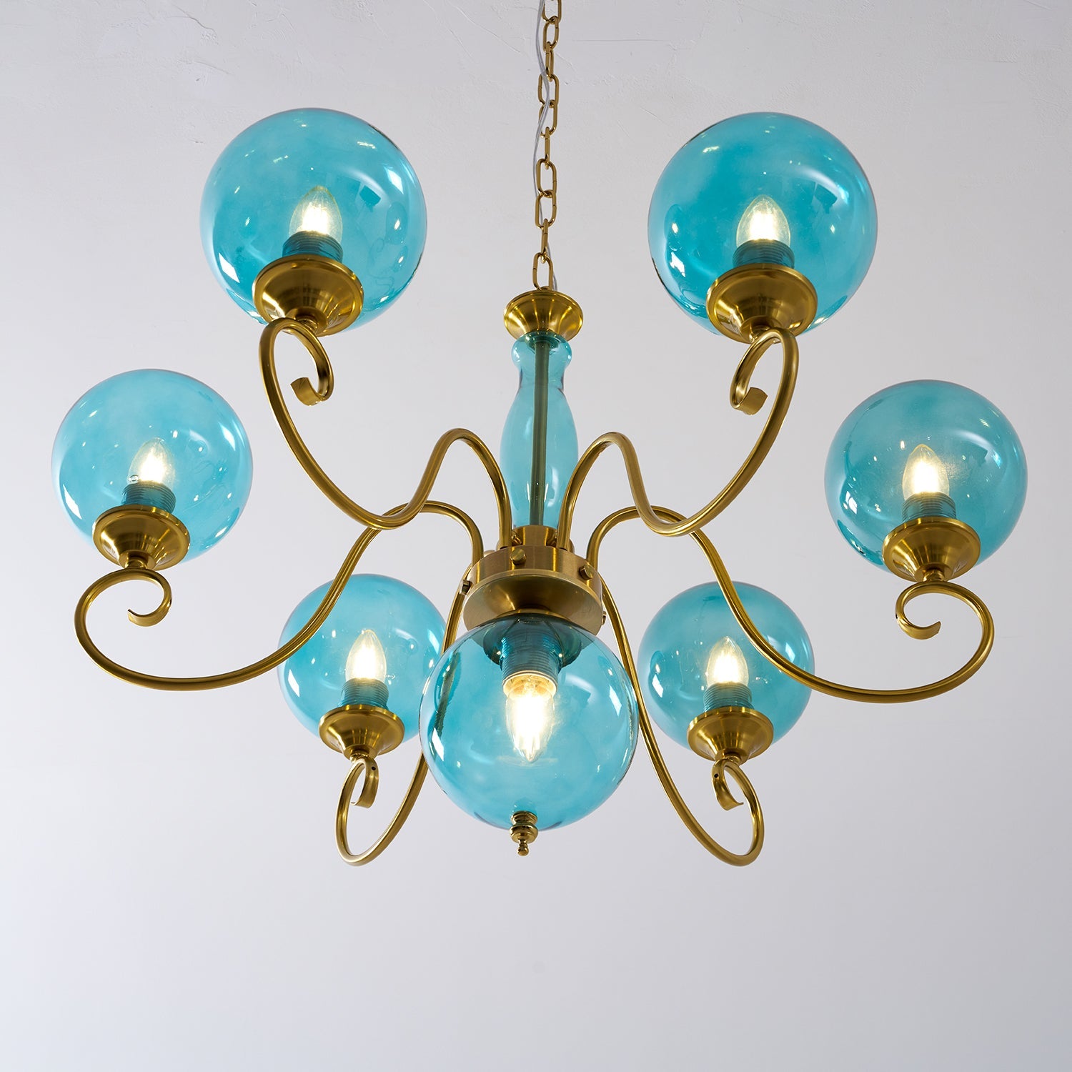 Evelyn Glass Globe Chandelier-Home & Garden > Lighting > Chandeliers-Laren Fete-3+1 heads D 55cm x H 40cm / ∅ 21.7" x H 15.7"-Antique Brass & Pink-Laren Fete