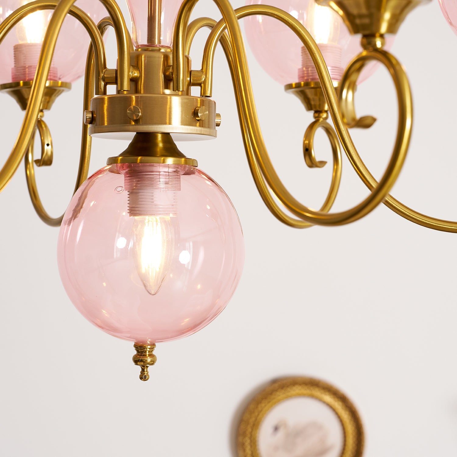 Evelyn Glass Globe Chandelier-Home & Garden > Lighting > Chandeliers-Laren Fete-3+1 heads D 55cm x H 40cm / ∅ 21.7" x H 15.7"-Antique Brass & Pink-Laren Fete