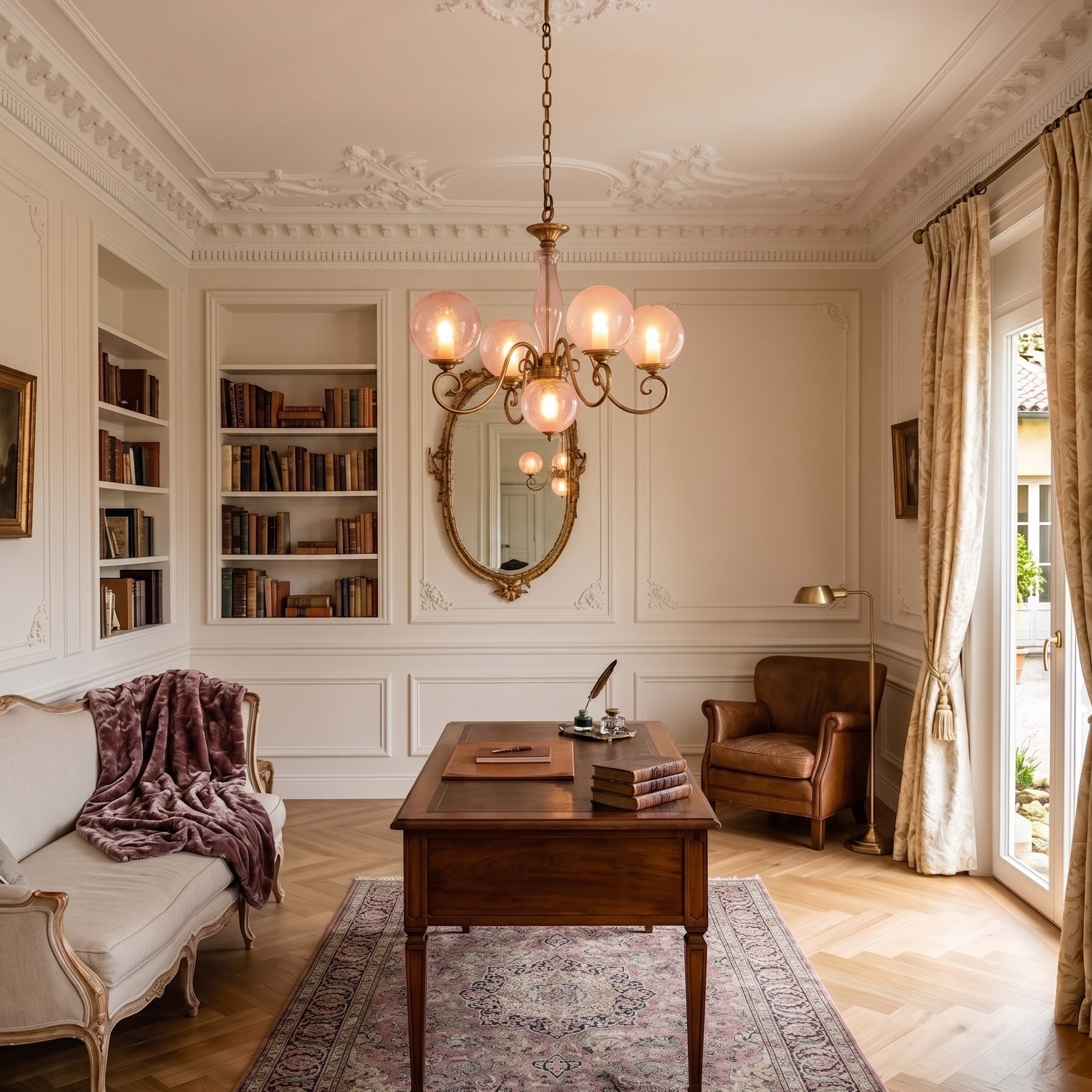 Evelyn Glass Globe Chandelier-Home & Garden > Lighting > Chandeliers-Laren Fete-3+1 heads D 55cm x H 40cm / ∅ 21.7" x H 15.7"-Antique Brass & Pink-Laren Fete