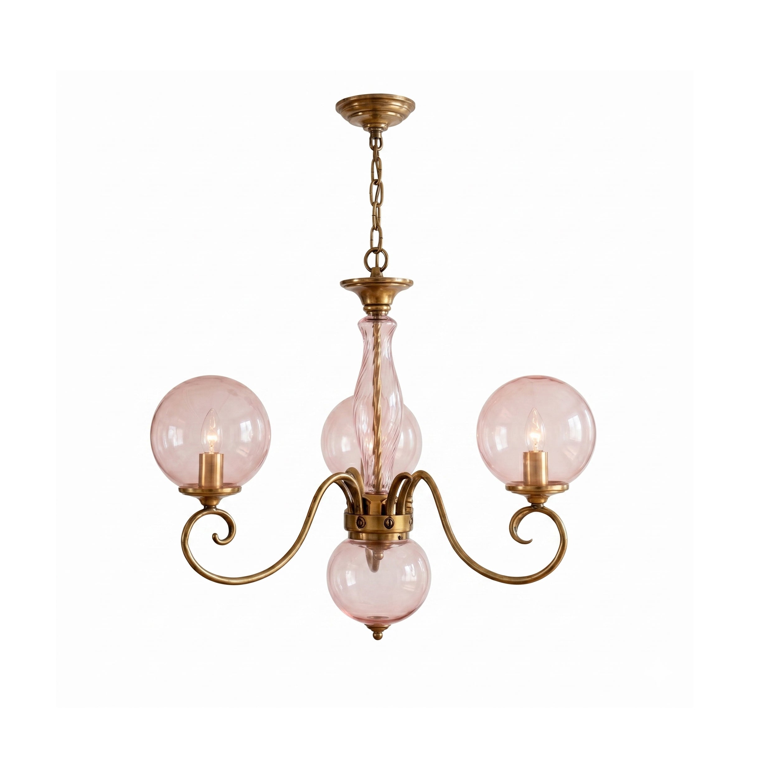 Evelyn Glass Globe Chandelier-Home & Garden > Lighting > Chandeliers-Laren Fete-3+1 heads D 55cm x H 40cm / ∅ 21.7" x H 15.7"-Antique Brass & Pink-Laren Fete