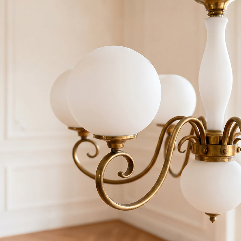 Evelyn Glass Globe Chandelier-Home & Garden > Lighting > Chandeliers-Laren Fete-3+1 heads D 55cm x H 40cm / ∅ 21.7" x H 15.7"-Antique Brass & White-Laren Fete