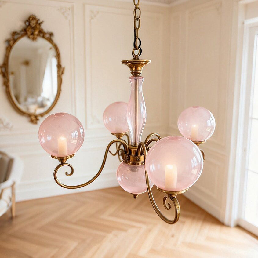 Evelyn Glass Globe Chandelier-Home & Garden > Lighting > Chandeliers-Laren Fete-4+1 heads D 55cm x H 45cm / ∅ 21.7" x H 17.7"-Antique Brass & Pink-Laren Fete