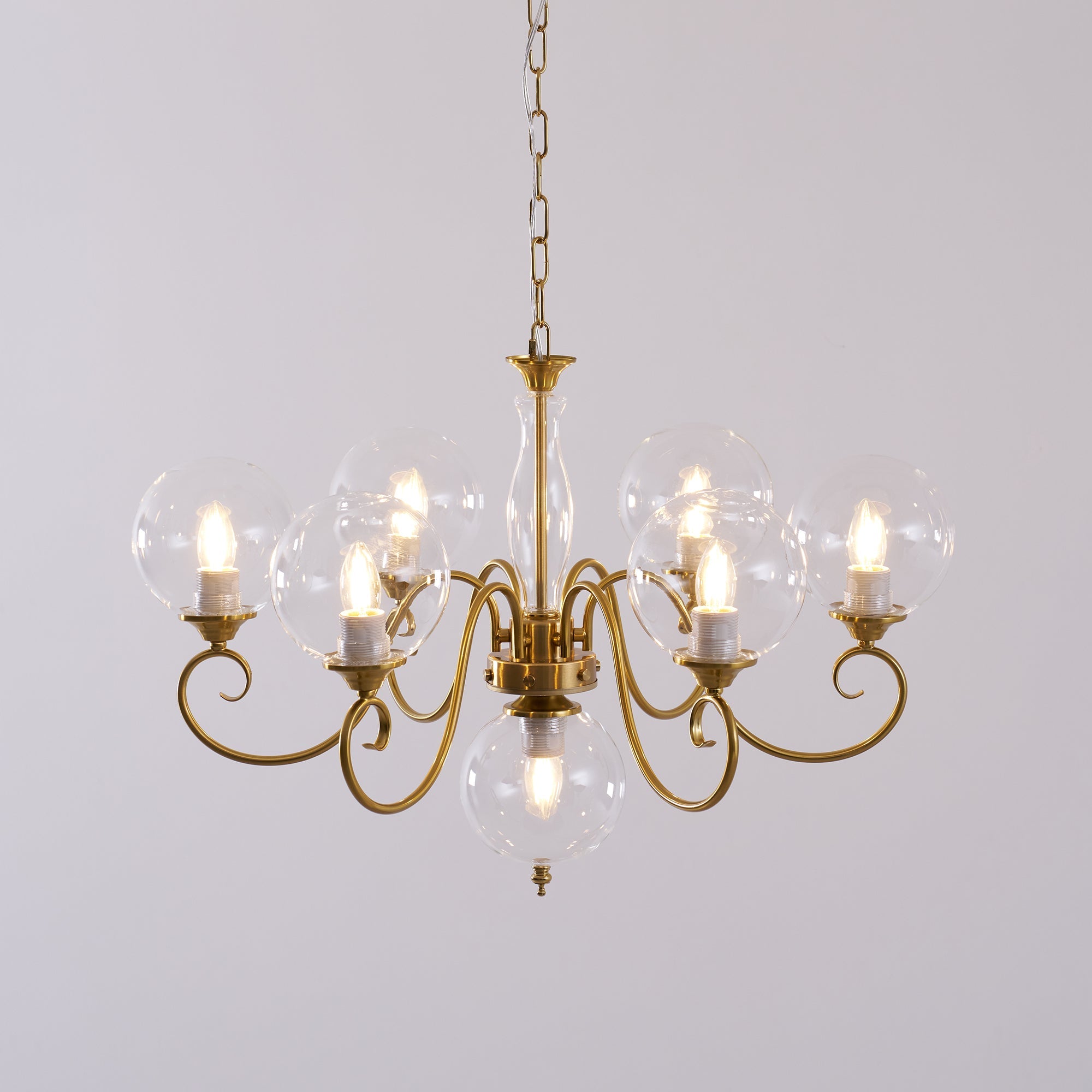 Evelyn Glass Globe Chandelier-Home & Garden > Lighting > Chandeliers-Laren Fete-6+1 heads D 65cm x H 45cm / ∅ 25.6" x H 17.7"-Antique Brass & Clear-Laren Fete