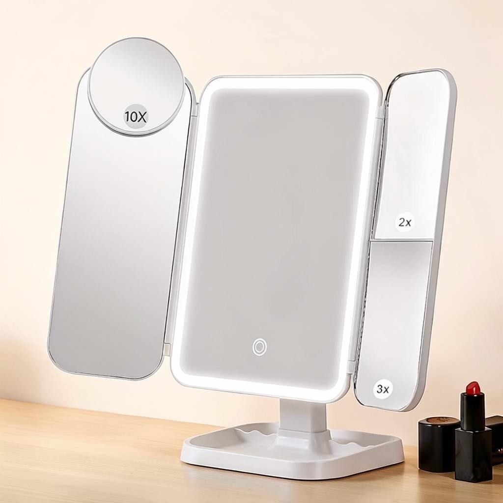 Facette Trifold Lighted Makeup Mirror-Health & Beauty > Personal Care > Mirrors > Makeup Mirrors-Laren Fete-Laren Fete