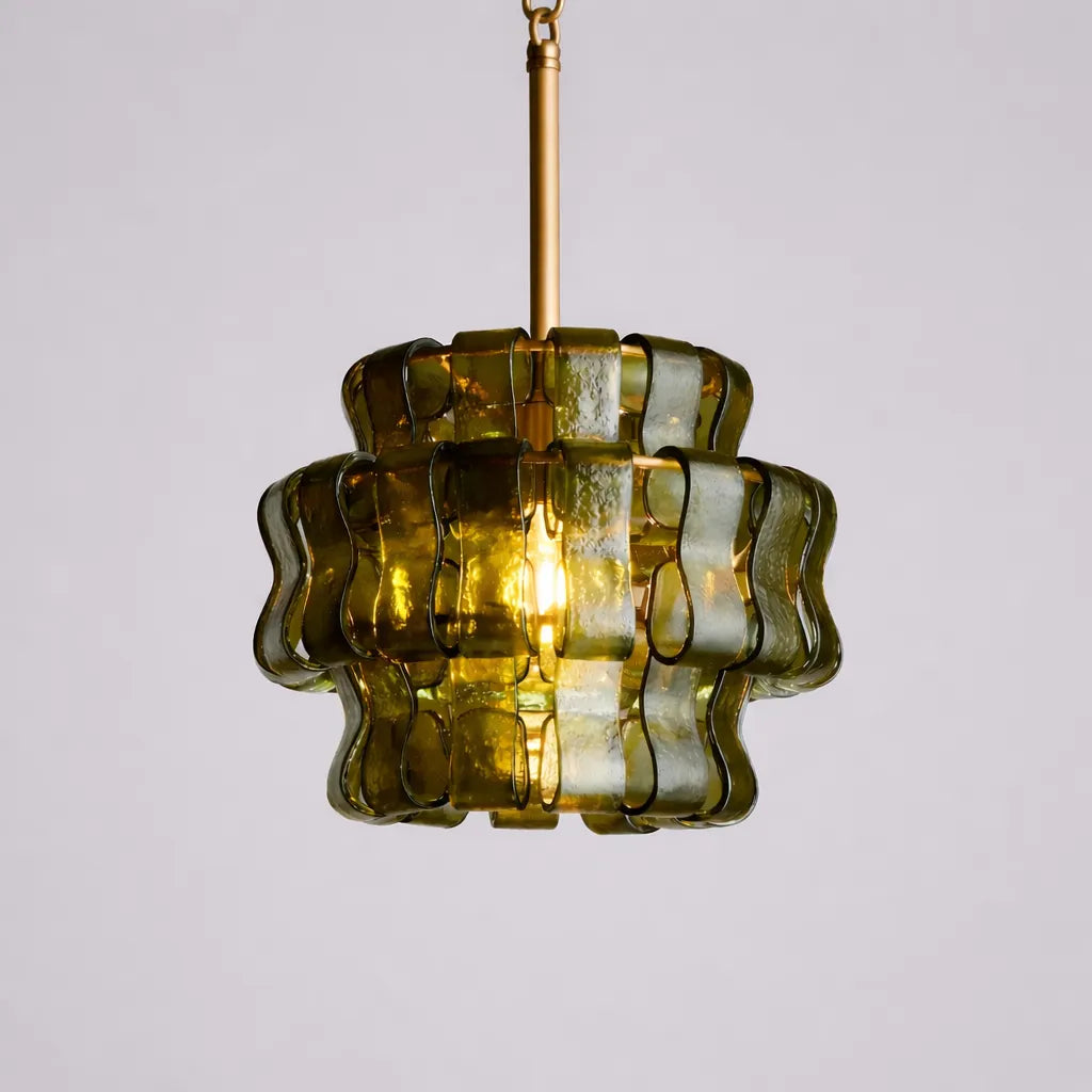Glacé Curved Italian Glass Pendant – Textured Statement Light-Home & Garden > Lighting > Pendant Lights-Laren Fete-Green-Brushed Gold-Laren Fete