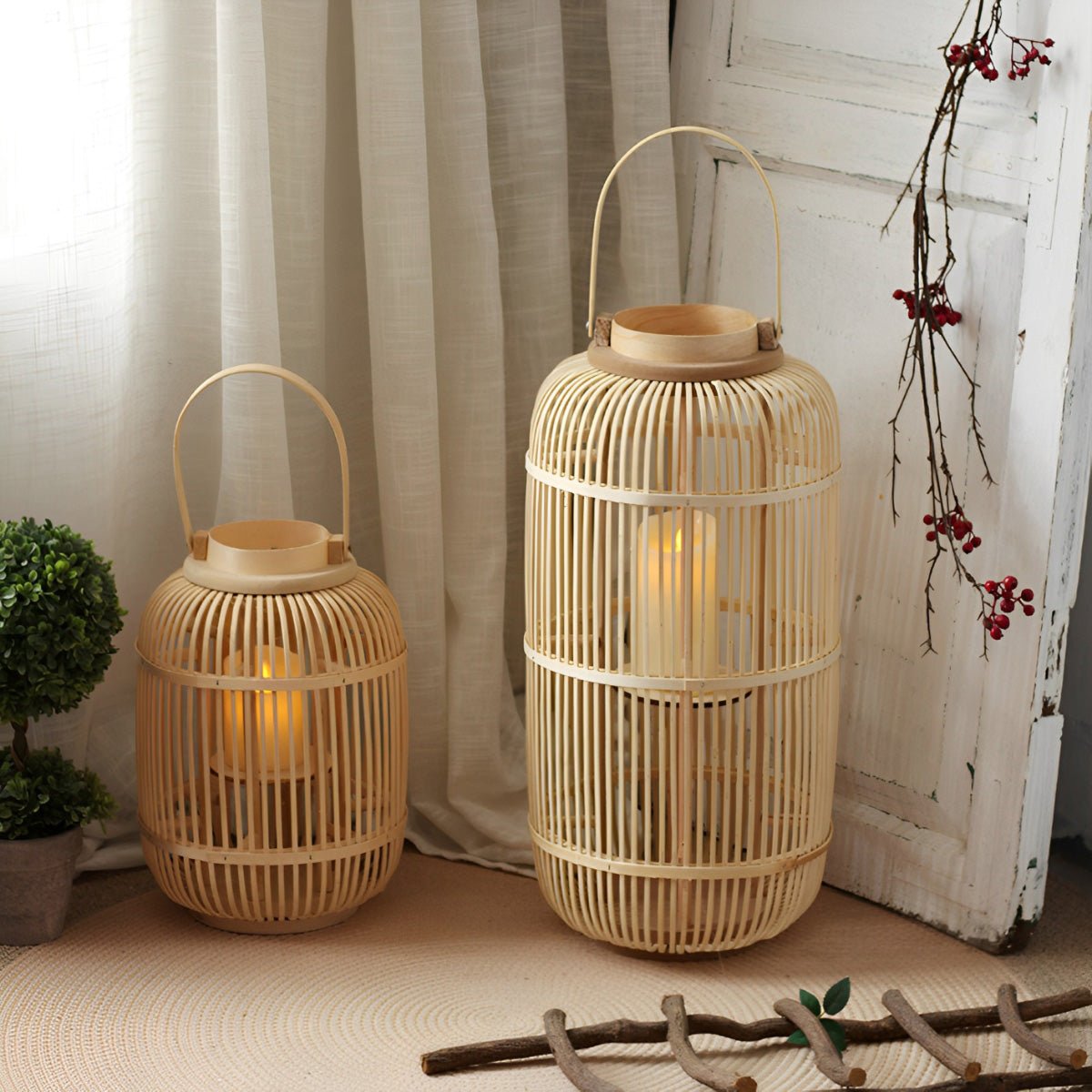 Kasa Bamboo Woven Candle Lantern Floor Lamp-Home & Garden > Lighting > Floor Lamps-Laren Fete-25cm D x 37cm H-Laren Fete