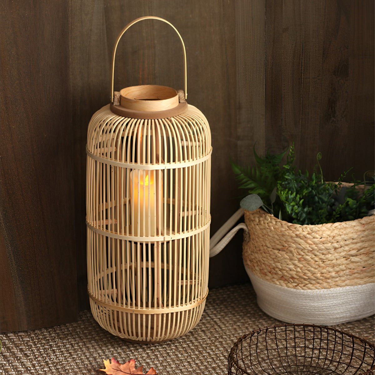 Kasa Bamboo Woven Candle Lantern Floor Lamp-Home & Garden > Lighting > Floor Lamps-Laren Fete-27cm D × 56cm H-Laren Fete
