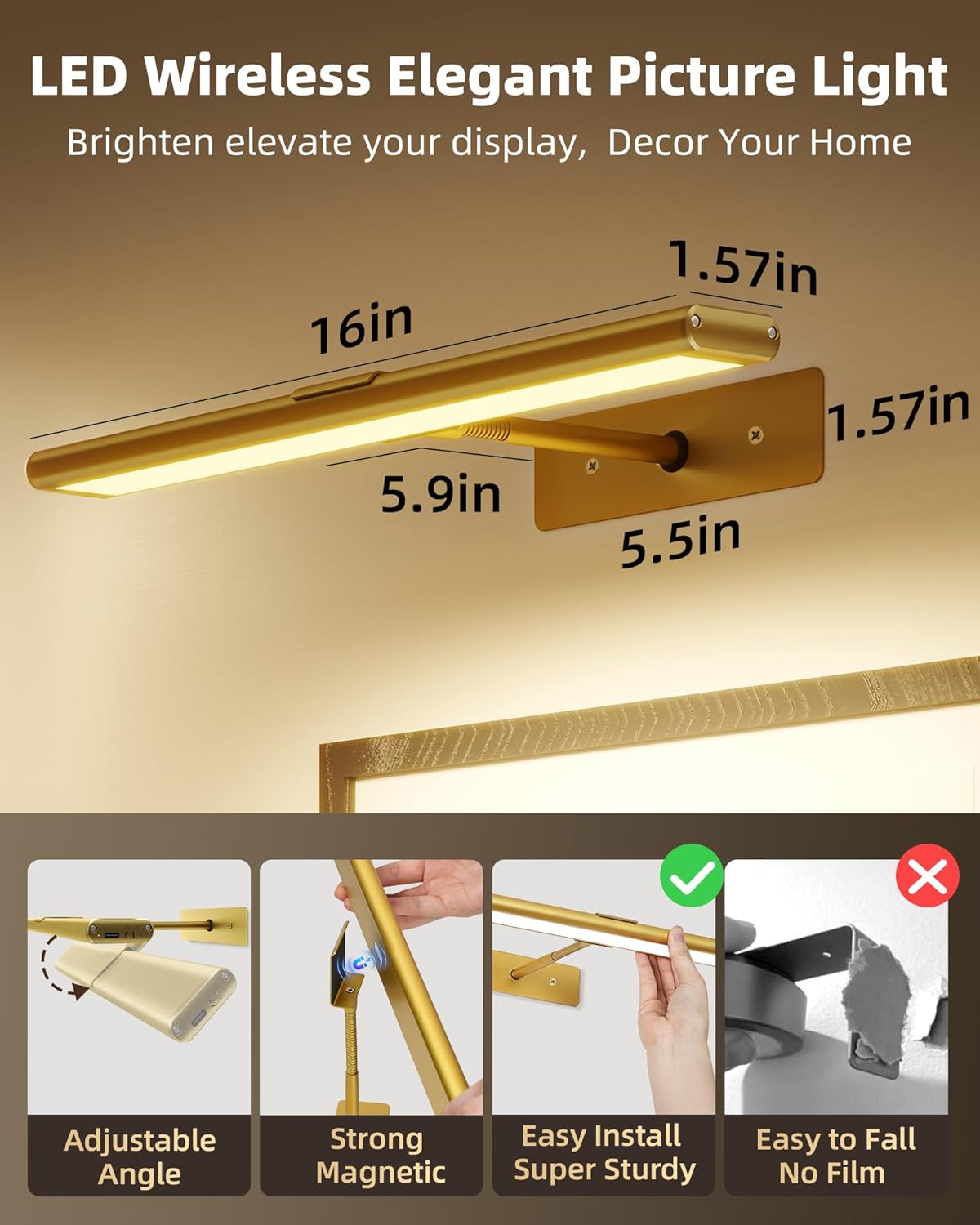 Lightscordless™ Wireless Rechargeable Picture Light-Home & Garden > Lighting > Picture Lights-Laren Fete-Gold-Laren Fete