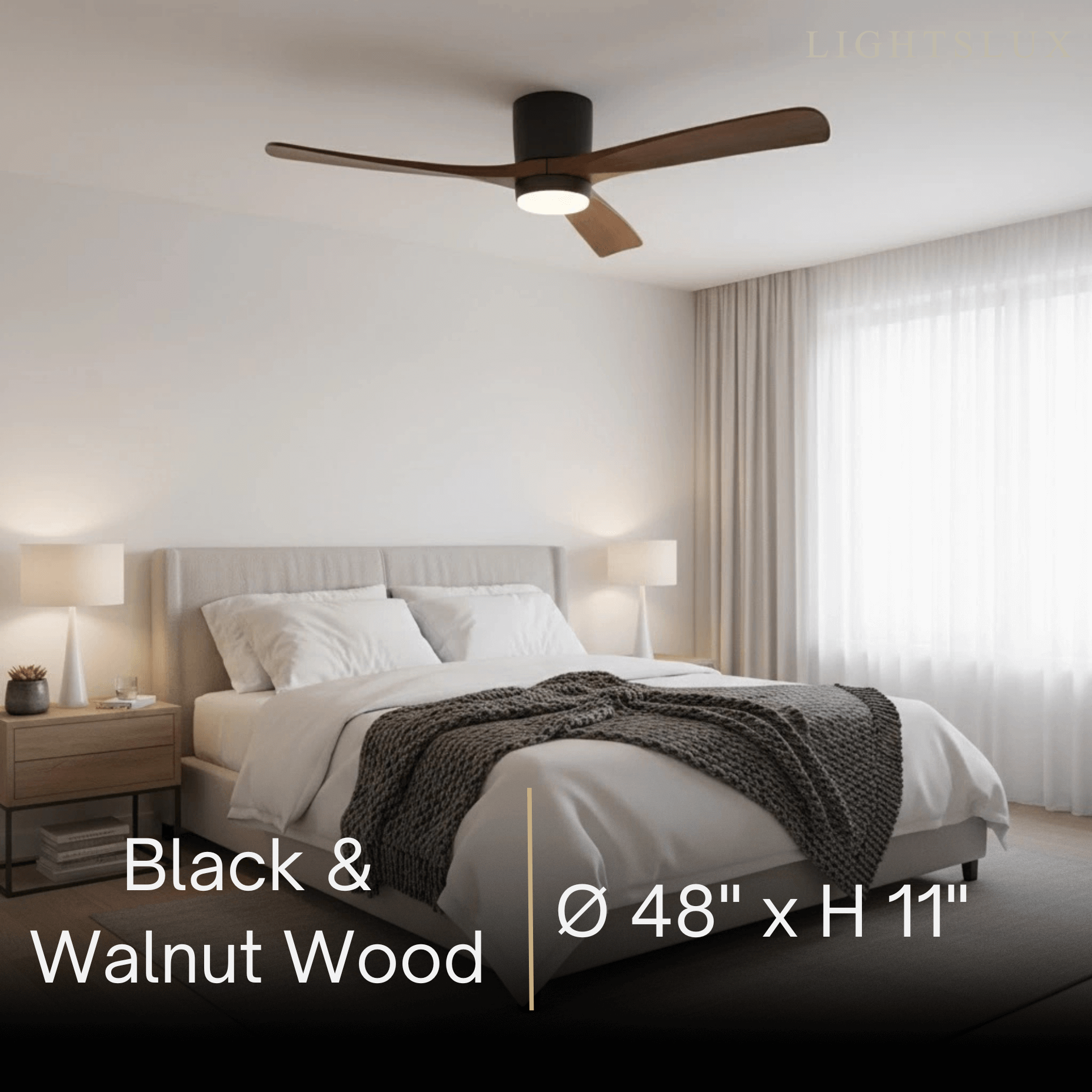 Lunara Wood Blade Ceiling Fan with Light-Home & Garden > Lighting > Ceiling Fans-Laren Fete-D91cm(36″)-Black & Walnut Wood-3 Colors + Remote Control (6-Speed Adjustable)-Laren Fete