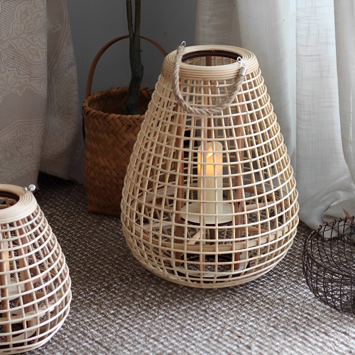 Panier Rattan LED Candle Lantern-Home & Garden > Lighting > Floor Lamps-Laren Fete-Hanging-Small-Laren Fete