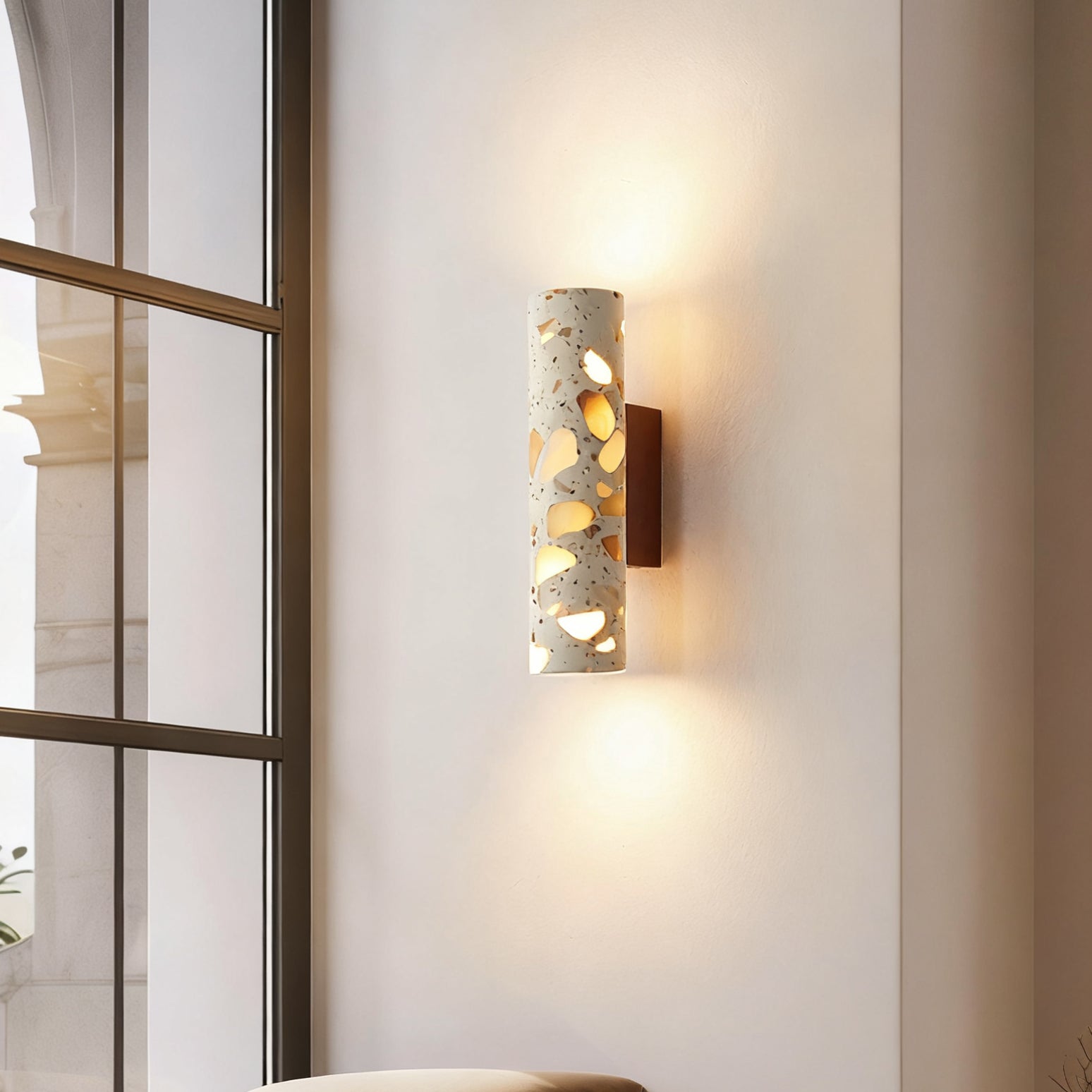 Solis Terrazzo & Walnut Wall Sconce-Home & Garden > Lighting > Wall Lights & Sconces-Laren Fete-L 3.1″ x W 4.3″ x H 11″-Beige-Laren Fete