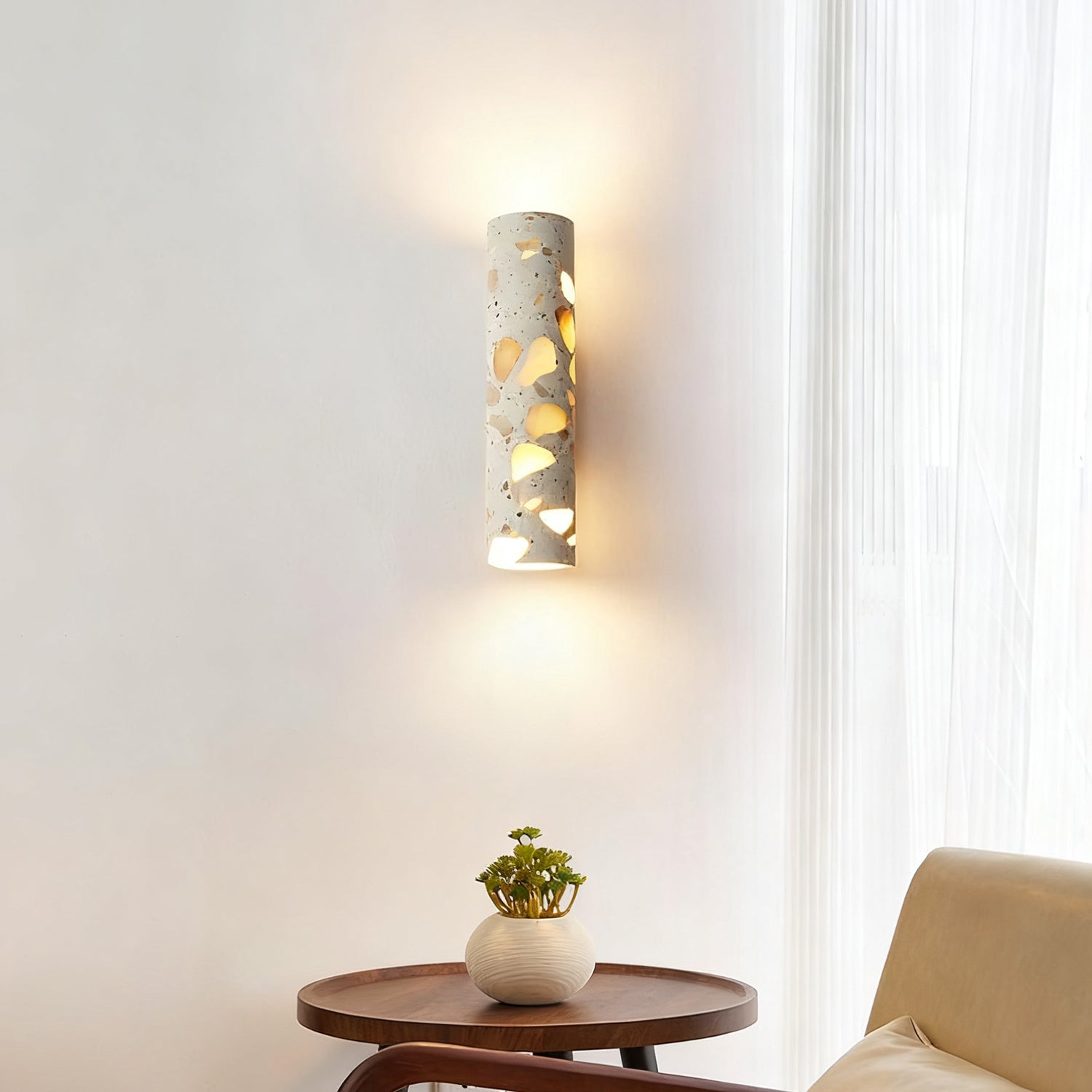 Solis Terrazzo & Walnut Wall Sconce-Home & Garden > Lighting > Wall Lights & Sconces-Laren Fete-L 3.1″ x W 4.3″ x H 11″-Beige-Laren Fete