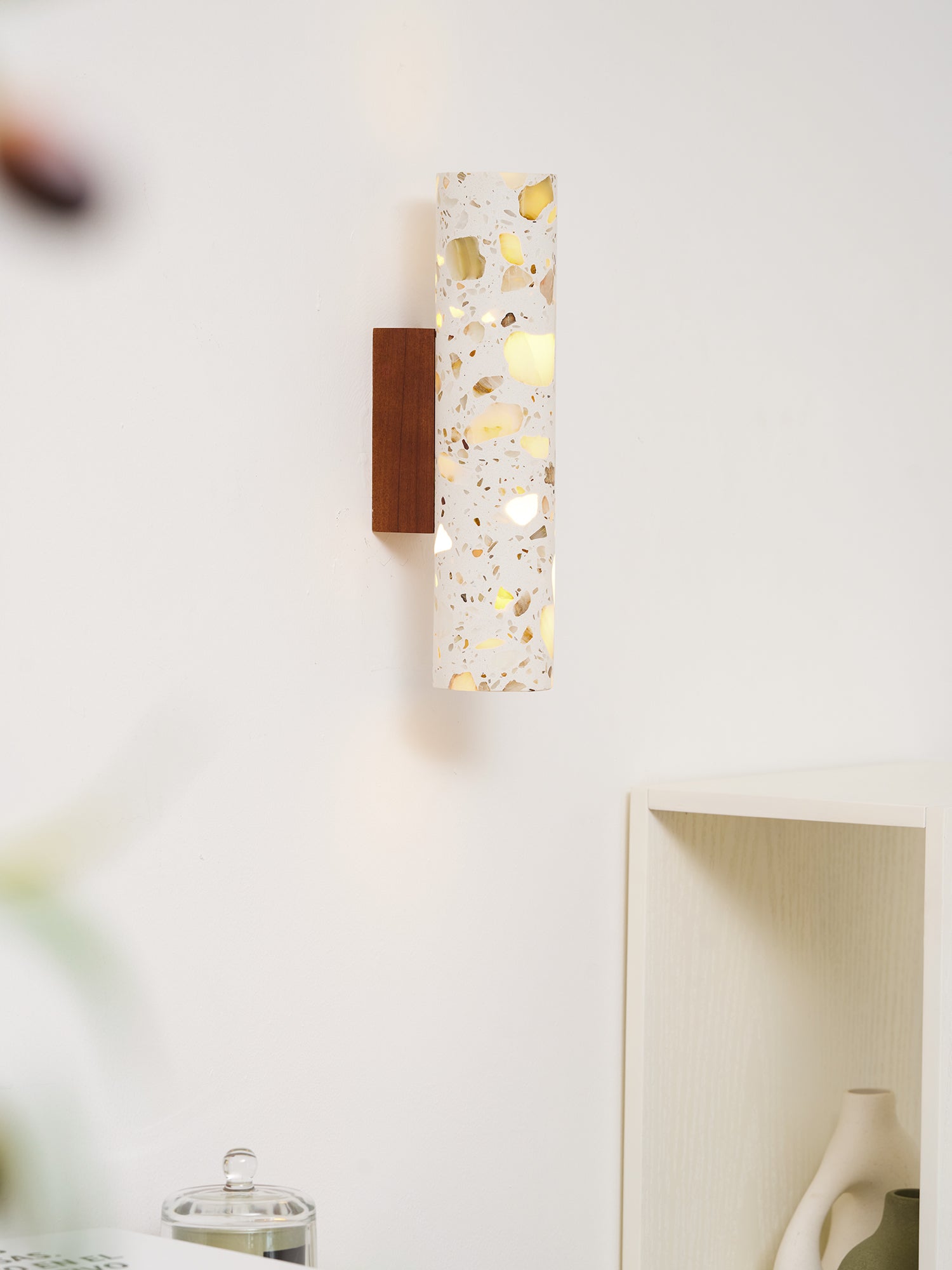 Solis Terrazzo & Walnut Wall Sconce-Home & Garden > Lighting > Wall Lights & Sconces-Laren Fete-L 3.1″ x W 4.3″ x H 11″-Beige-Laren Fete